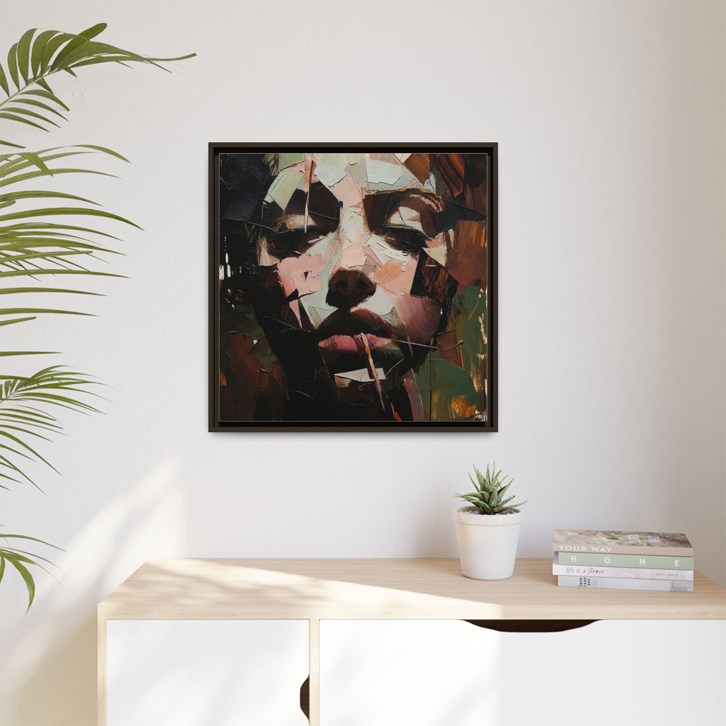 Matte Framed Canvas Art — Abstract Female Portrait, Moody Multicolor