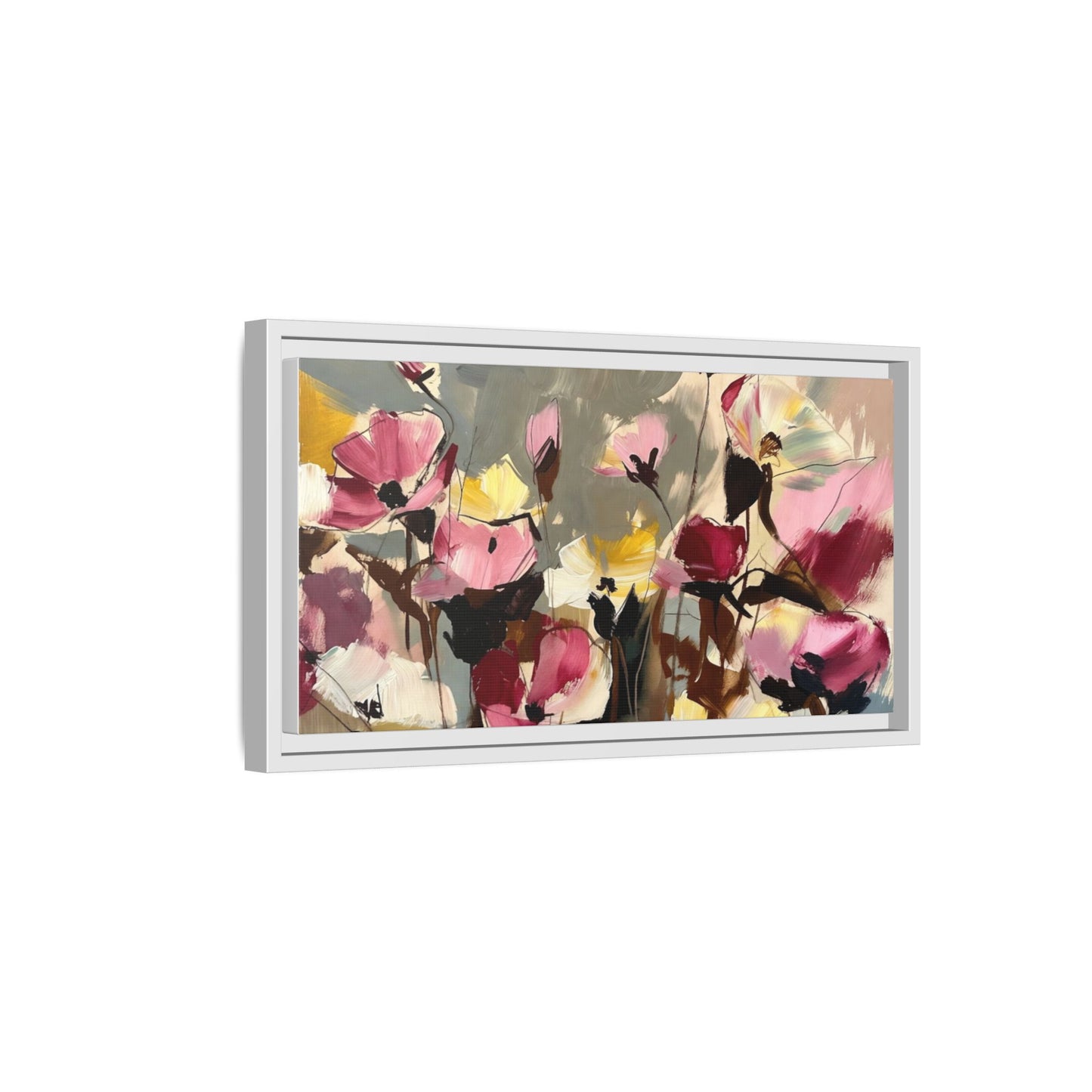 Framed Floral Canvas Wall Art — Abstract Pink & Yellow Flowers