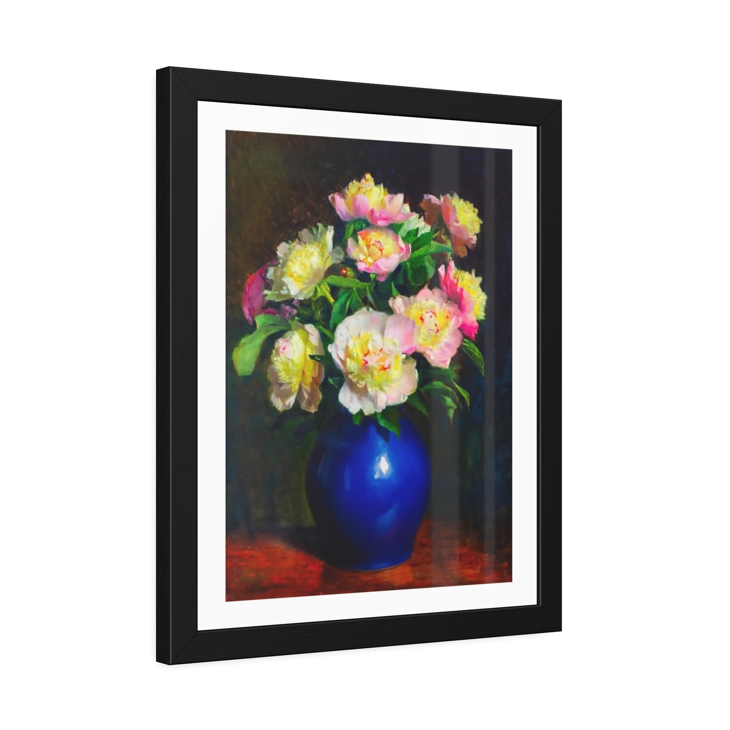 Framed Floral Poster — Pink Peonies in Blue Vase Wall Art