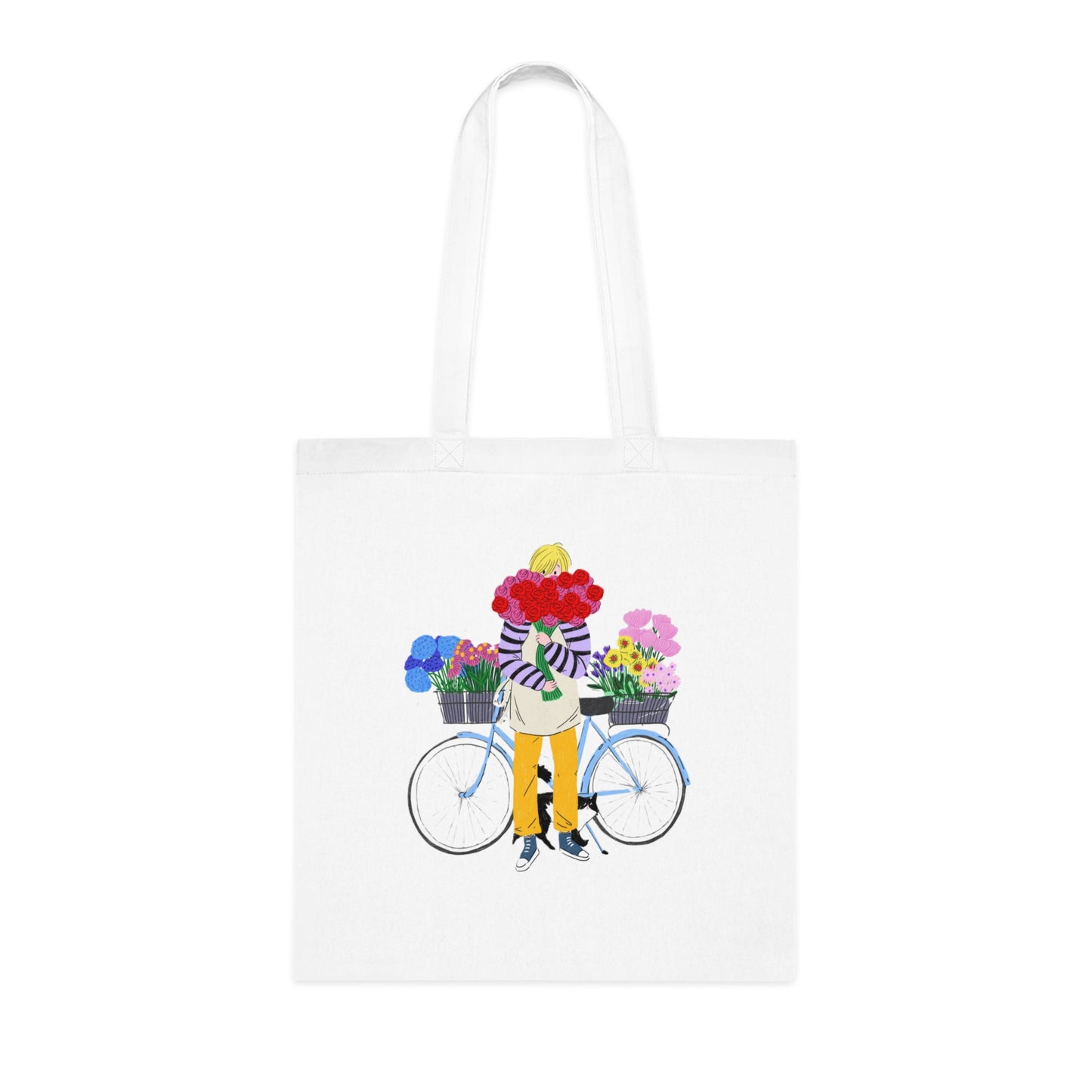 Floral Bike Tote Bag — Cotton Market Tote with Colorful Flower Bicycle Design