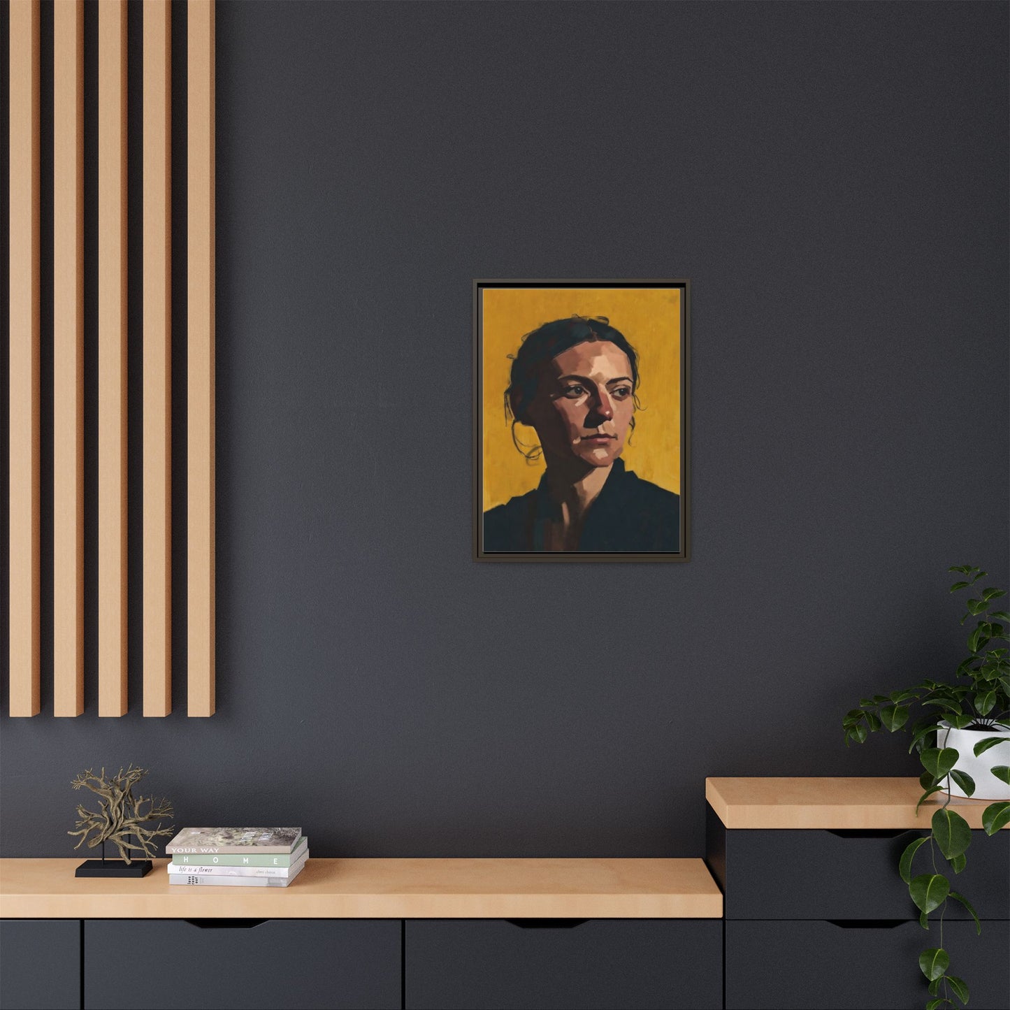Framed Matte Canvas Portrait Art — Moody Woman on Mustard Background
