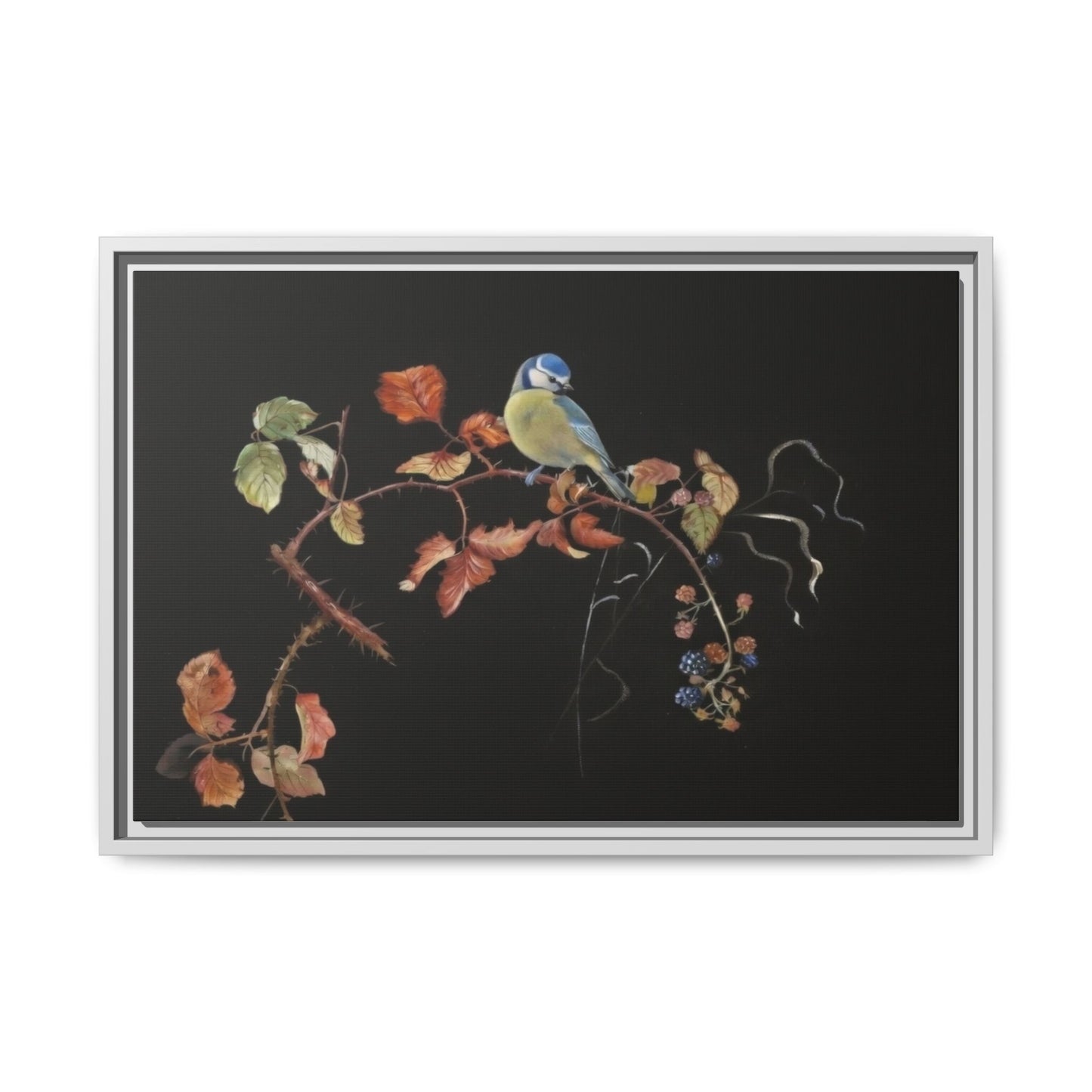 Framed Matte Canvas - Blue Tit on Autumn Branch Wall Art