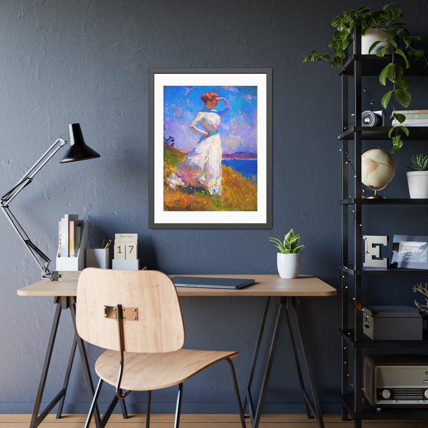 Coastal Impressionist Framed Poster — Woman in White Seaside Art Print