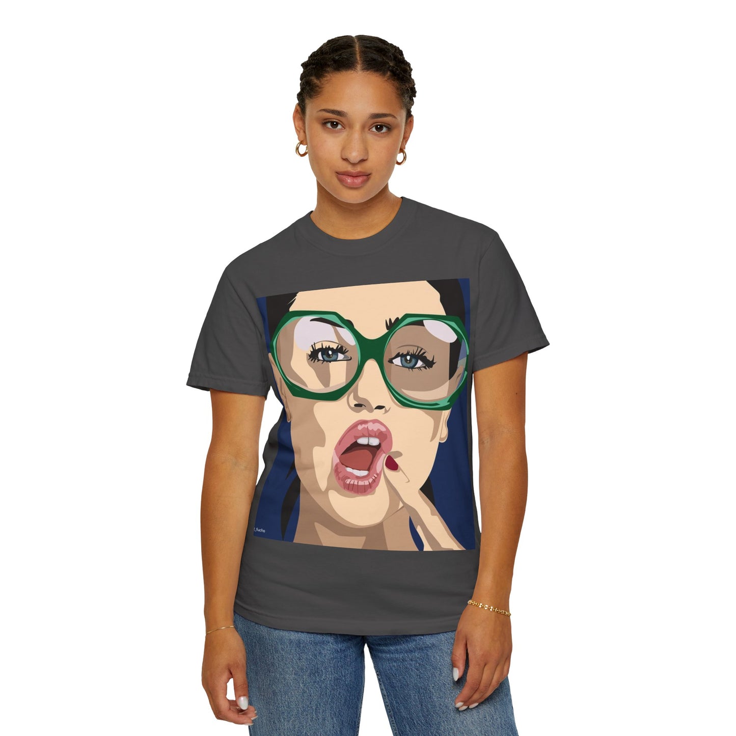Pop Art Woman Graphic T‑Shirt — Retro Chic Green Glasses Design