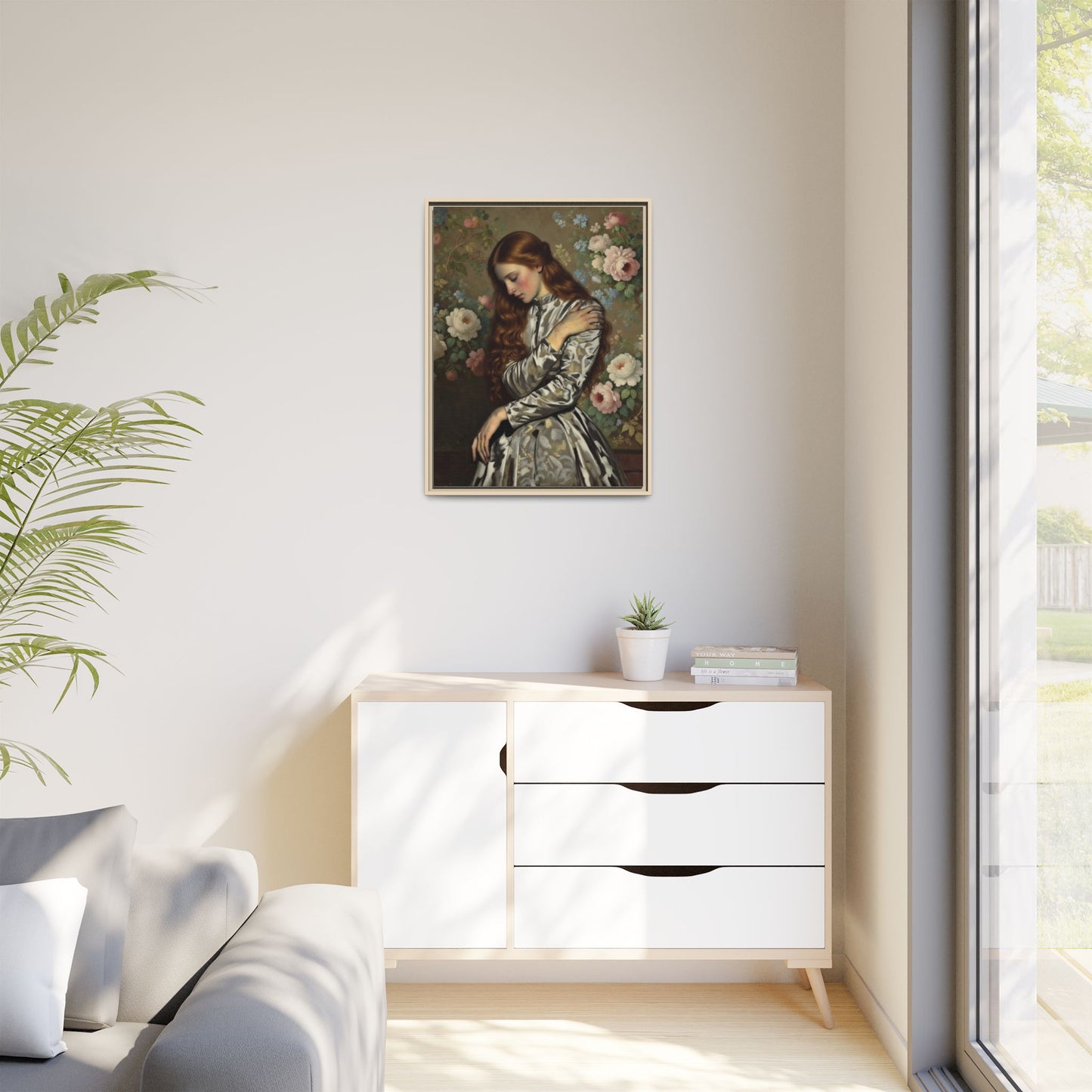 Framed Matte Canvas Art — Vintage Floral Portrait of a Young Woman