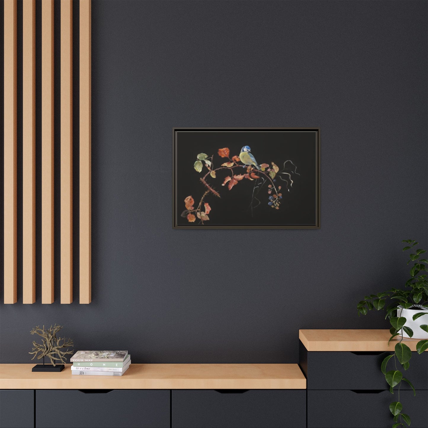 Framed Matte Canvas - Blue Tit on Autumn Branch Wall Art