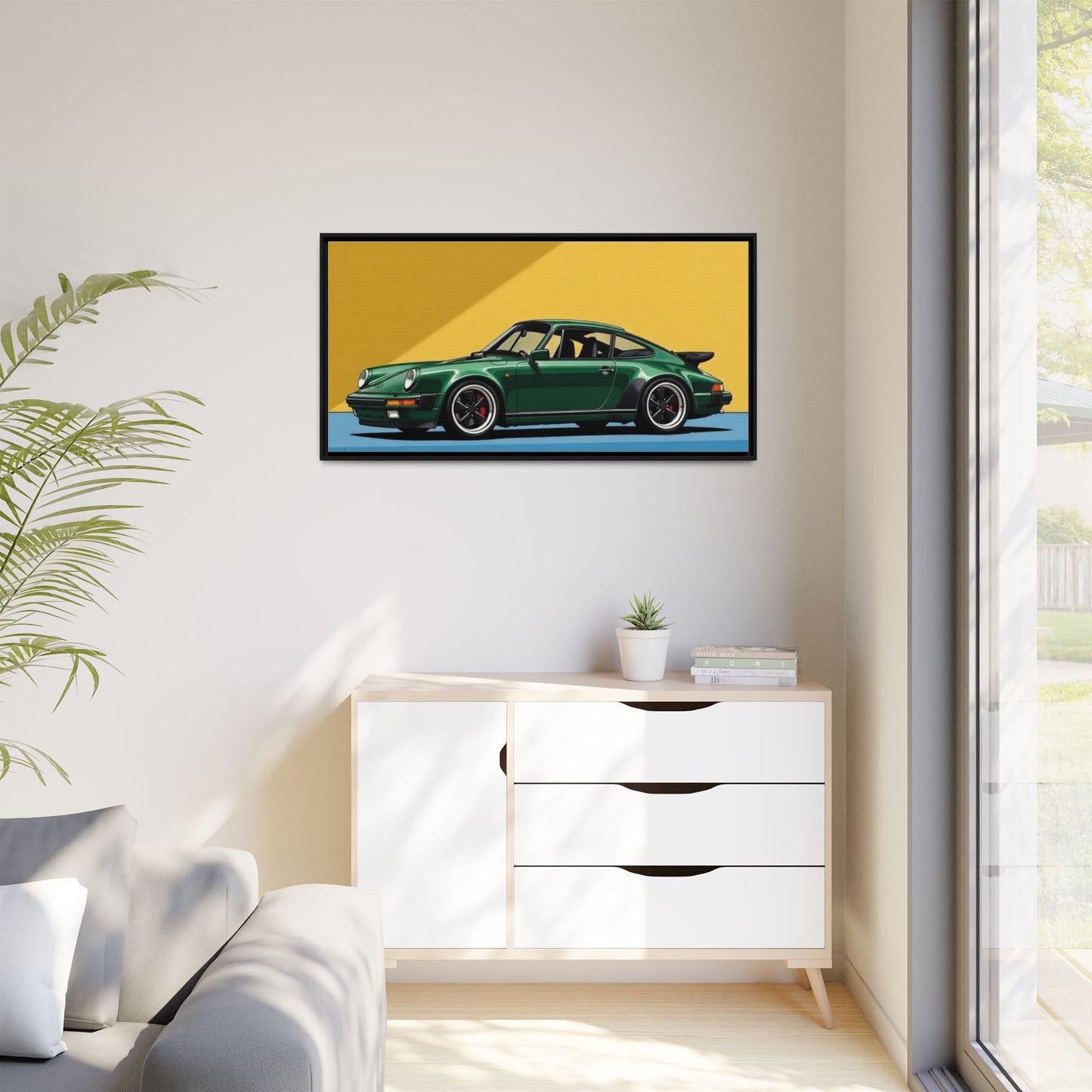 Framed Matte Canvas — Green Sports Car Wall Art