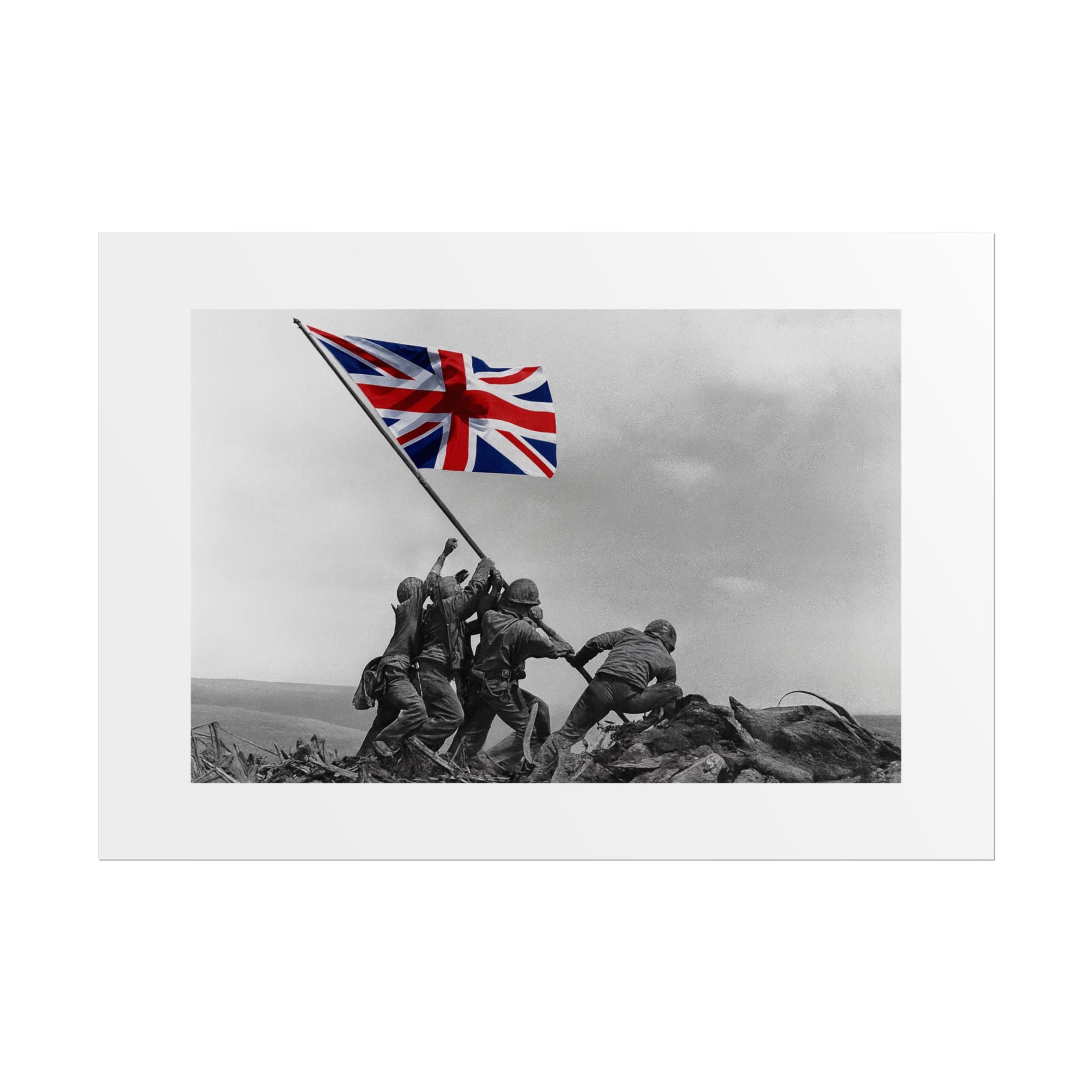 Raising the Union Jack by Unknown attributed to Joe Rosenthal Wall Art Print