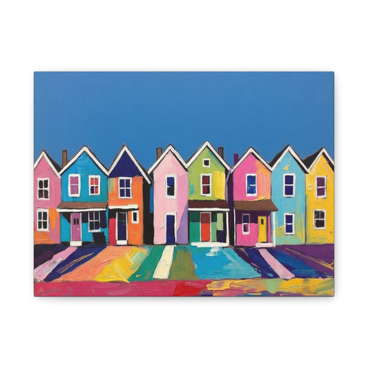 Colorful Row Houses Matte Canvas Print Vibrant Coastal Neighborhood Wall Art