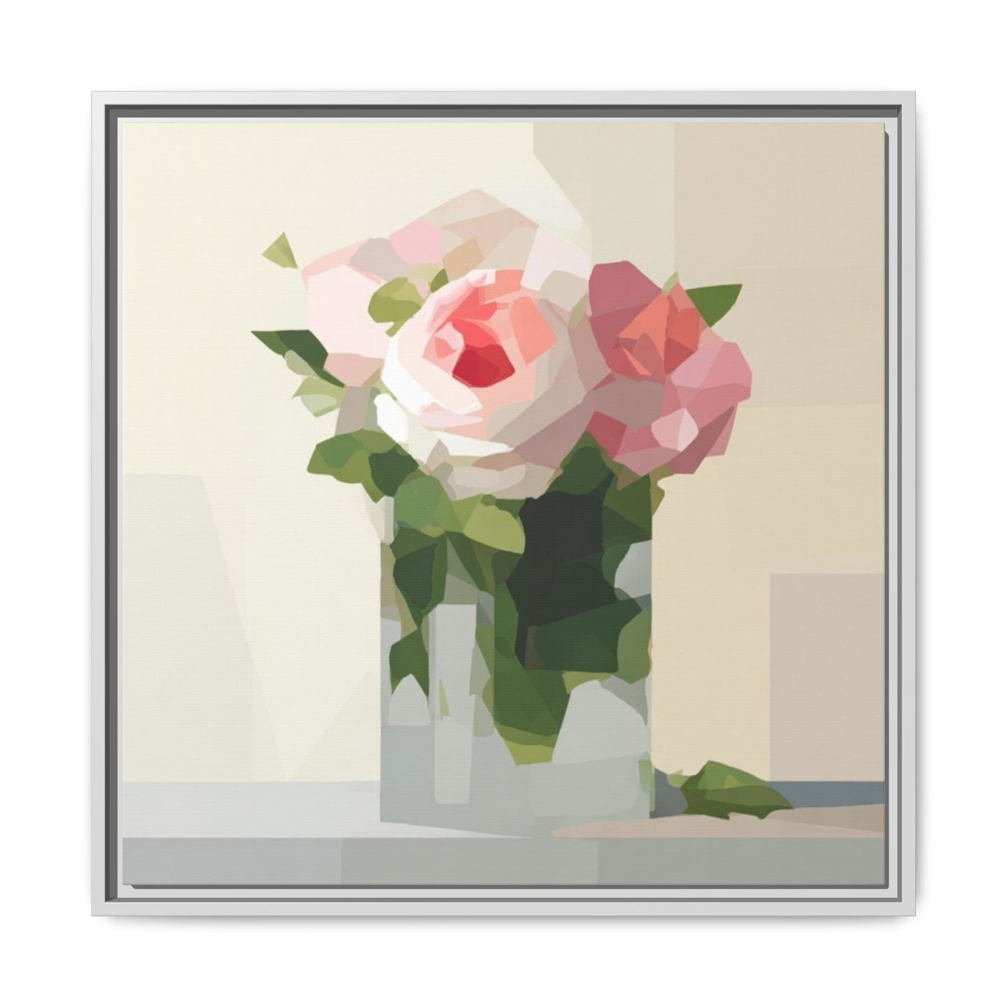 Framed Floral Canvas Print — Geometric Pink Rose Wall Art