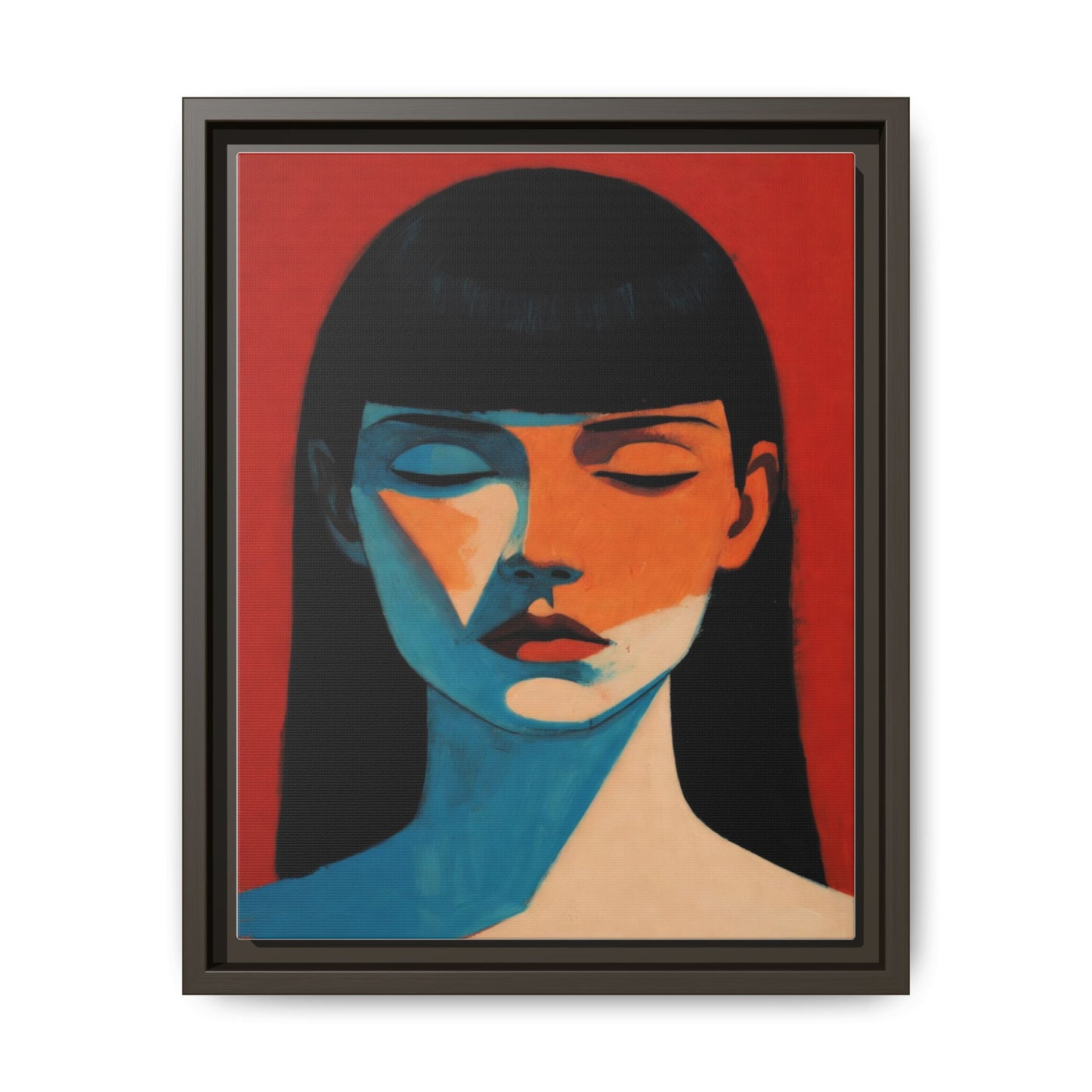 Framed Matte Canvas Art – Minimalist Portrait in Red & Teal