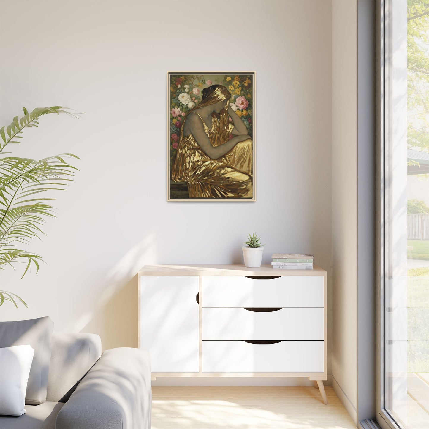 Framed Canvas Art Print — Golden Muse Woman with Floral Background