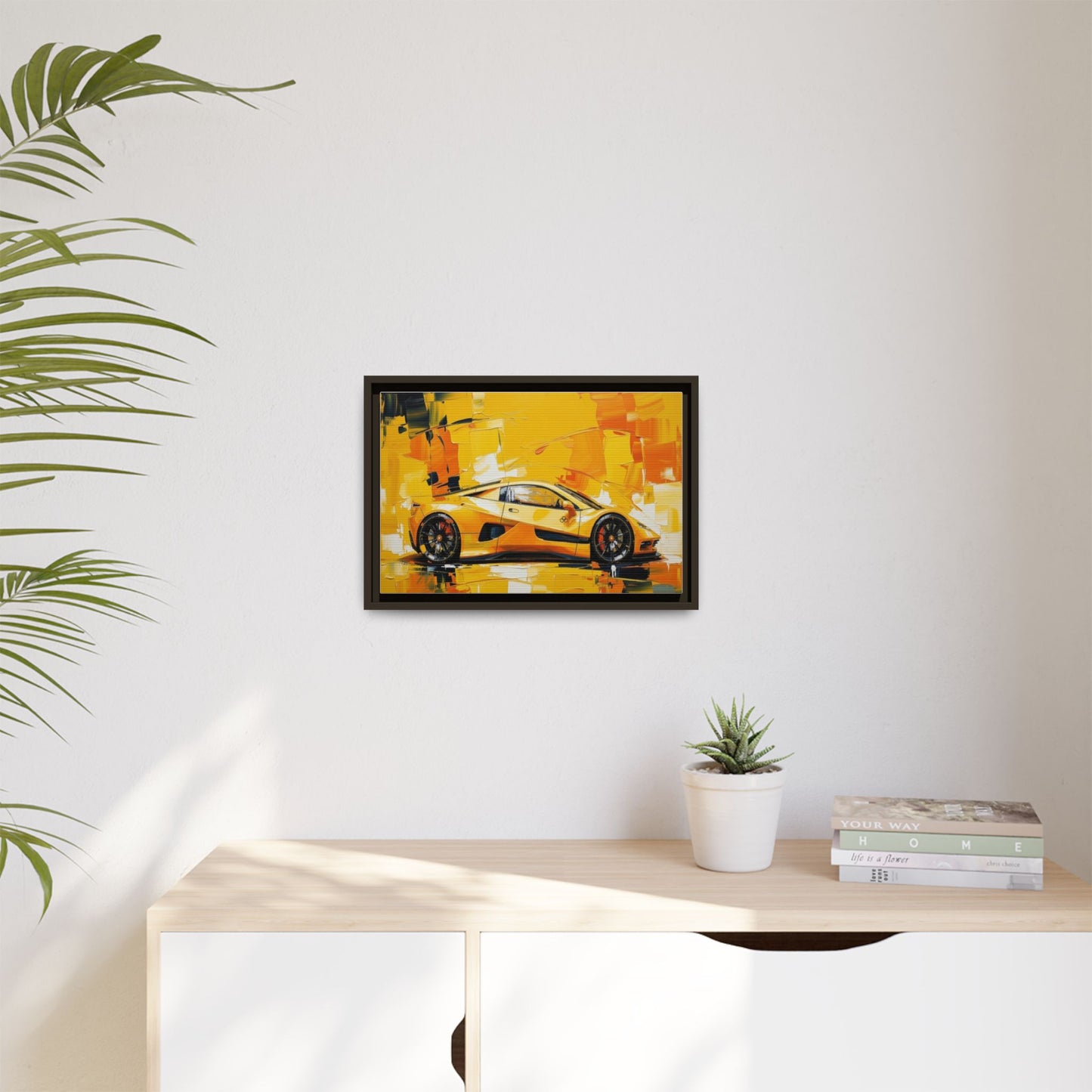 Yellow Sports Car Abstract Matte Canvas Framed Print