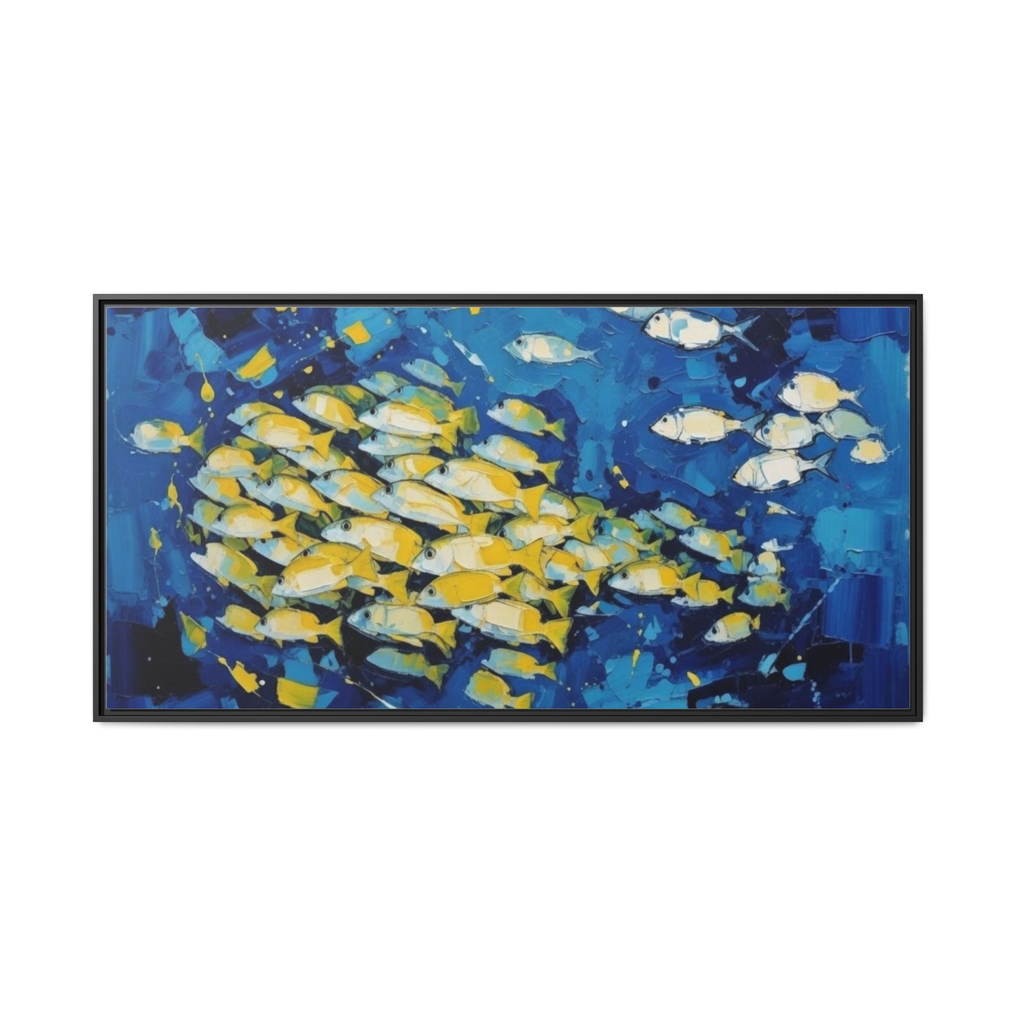 Framed Matte Canvas: Blue School of Fish Wall Art