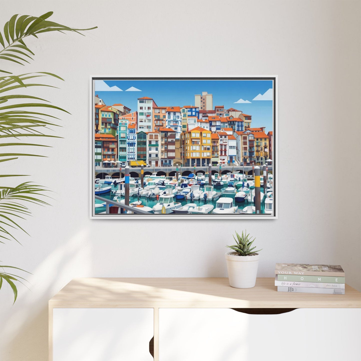 Framed Matte Canvas Print — Colorful Mediterranean Harbor Illustration