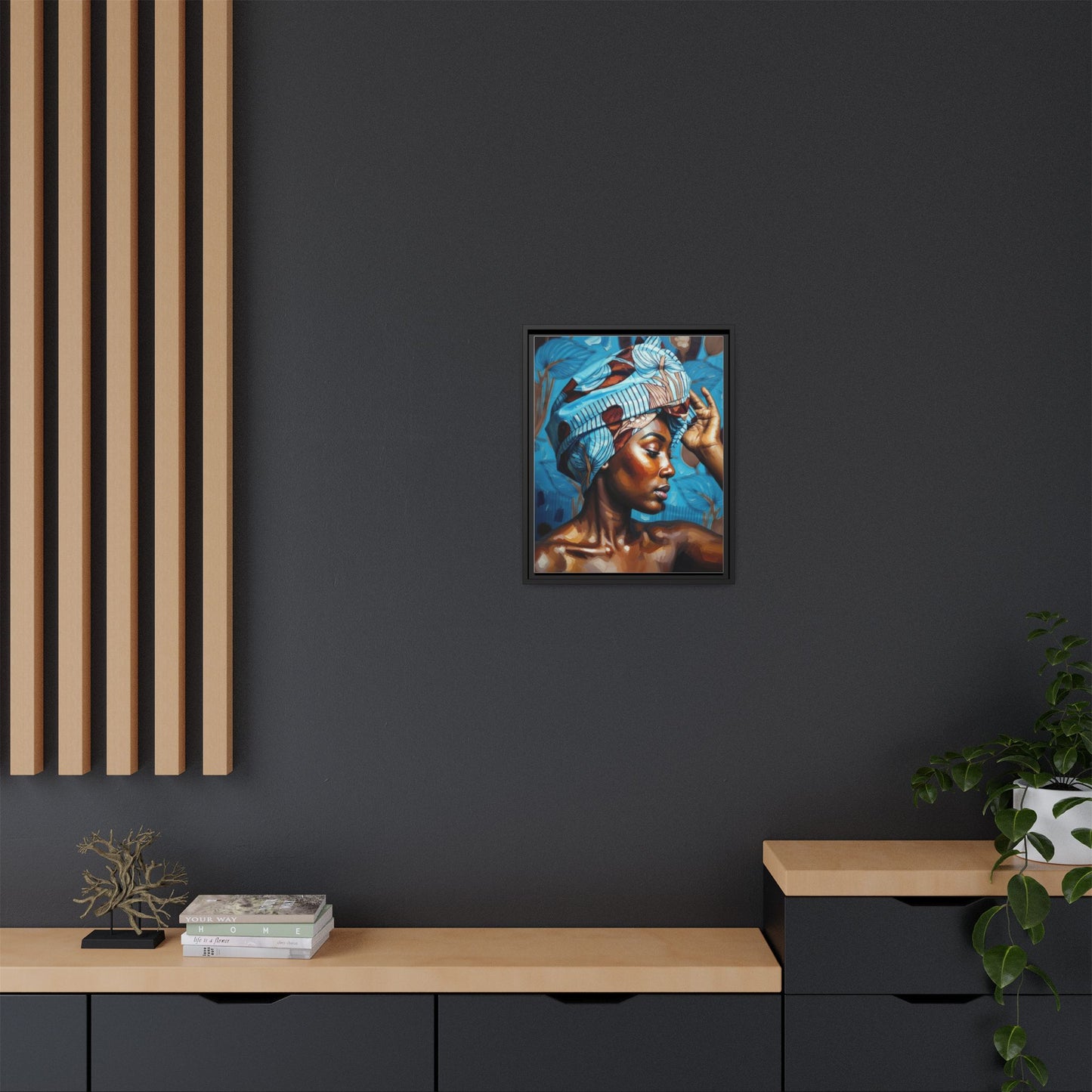 Framed Canvas Art — Portrait of Woman in Blue Headwrap