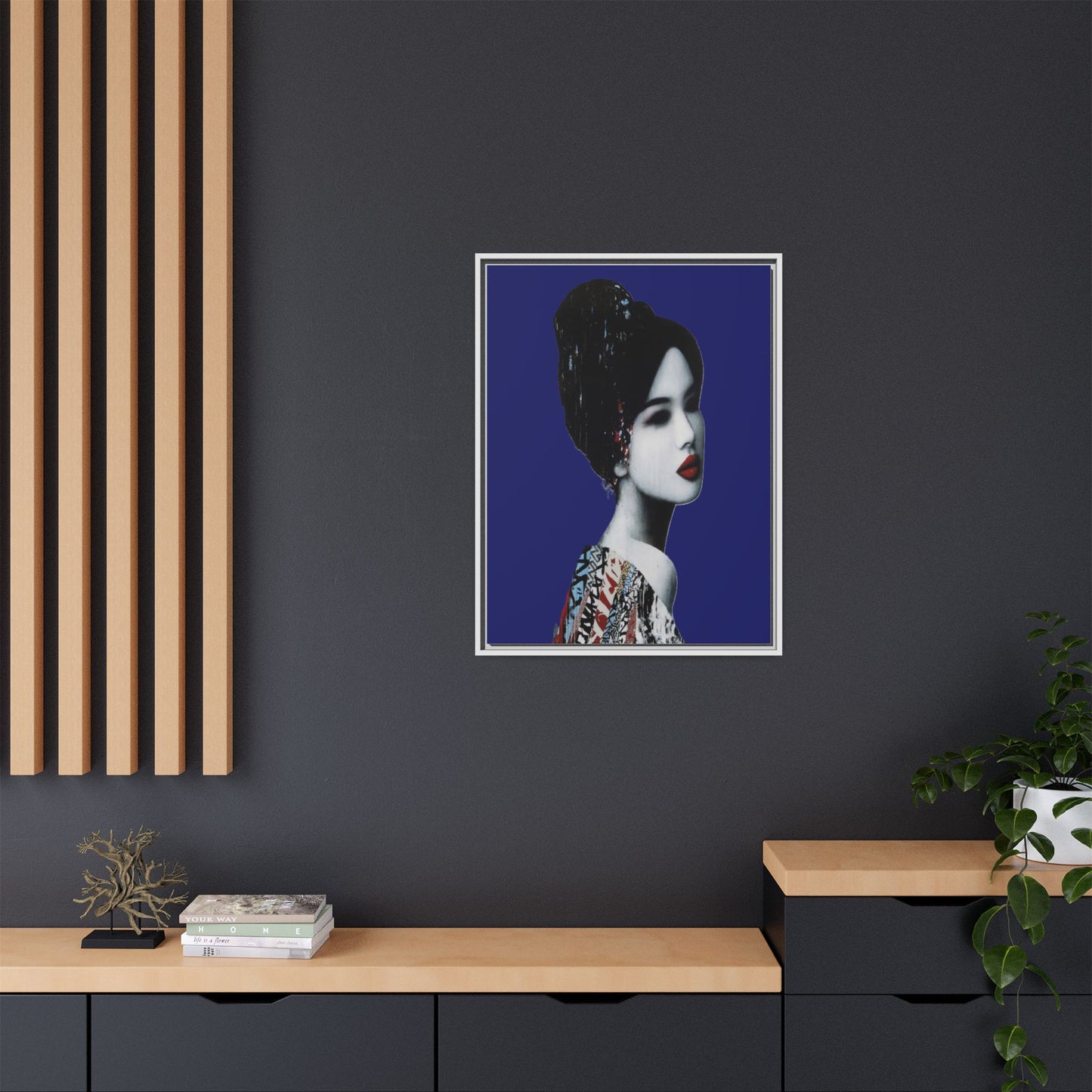 Framed Matte Canvas Art — Elegant Geisha Portrait on Deep Blue