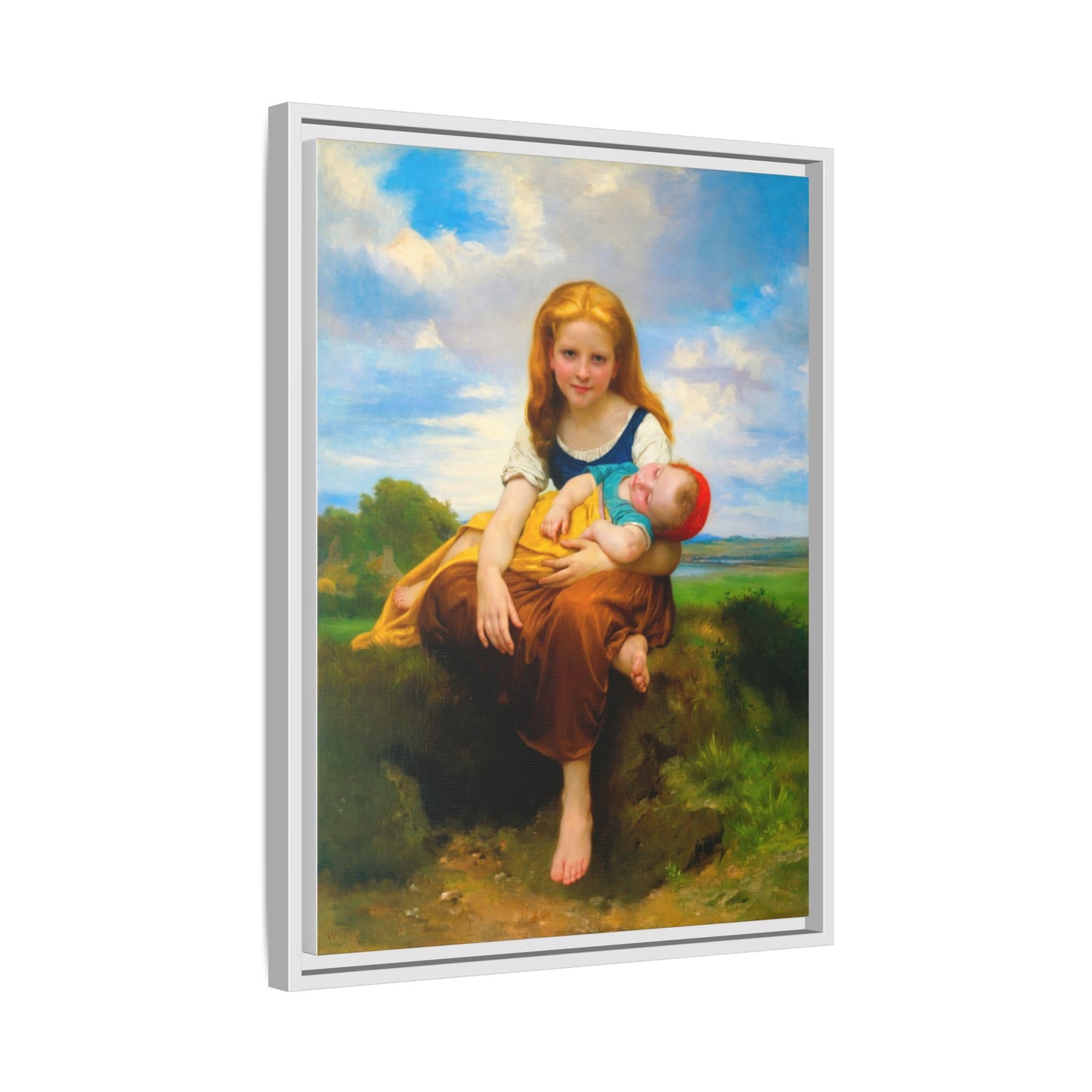 Young Girl Holding Sleeping Baby Canvas Print, Framed Wall Art