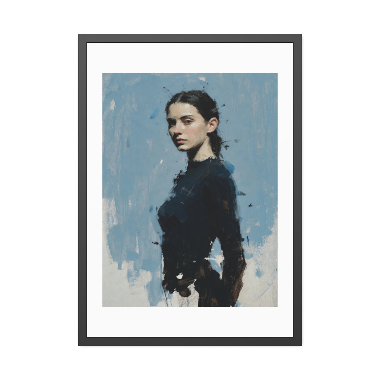 Framed Art Print — Moody Portrait with Blue Painterly Background