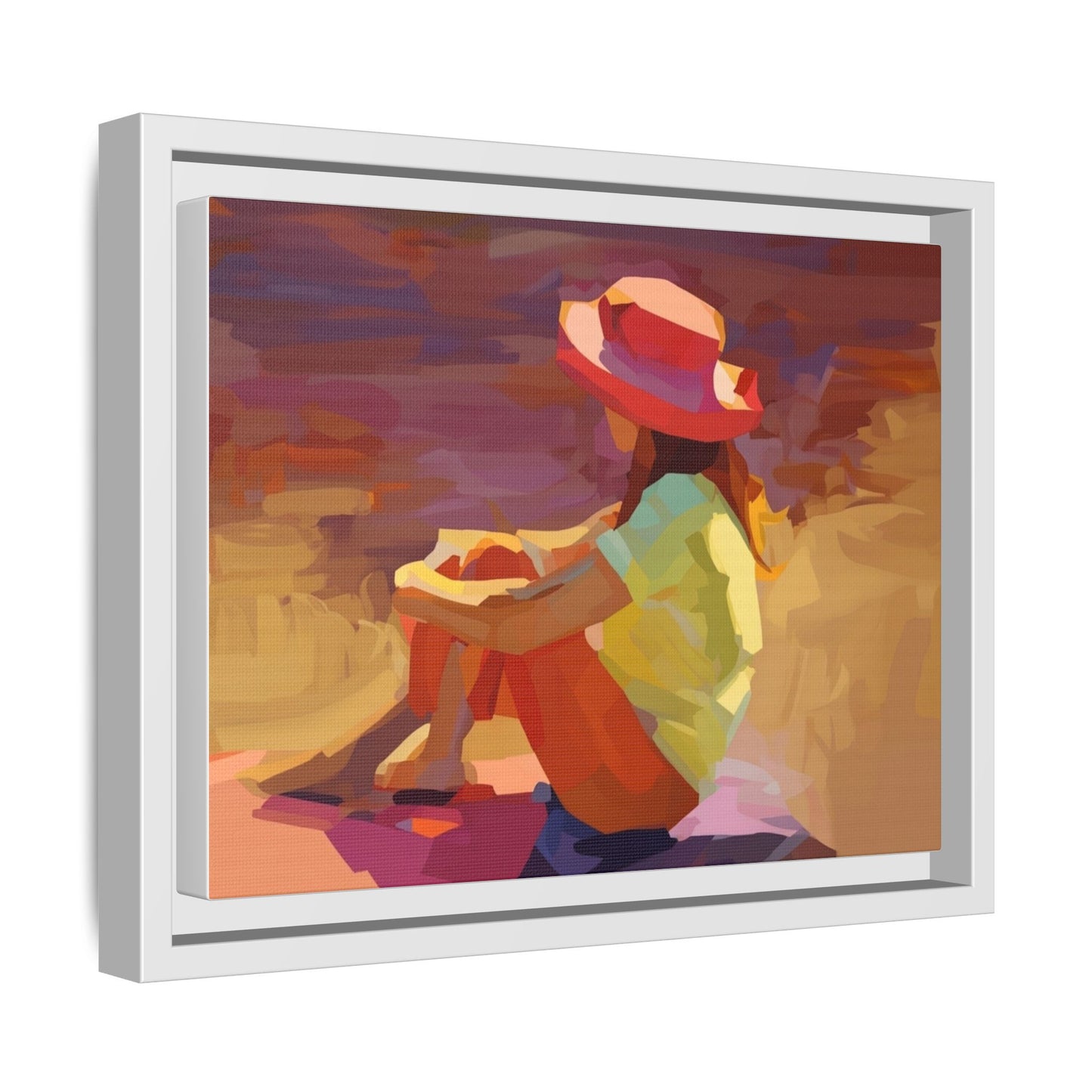 Framed Matte Canvas — Colorful Seated Girl Beach Art