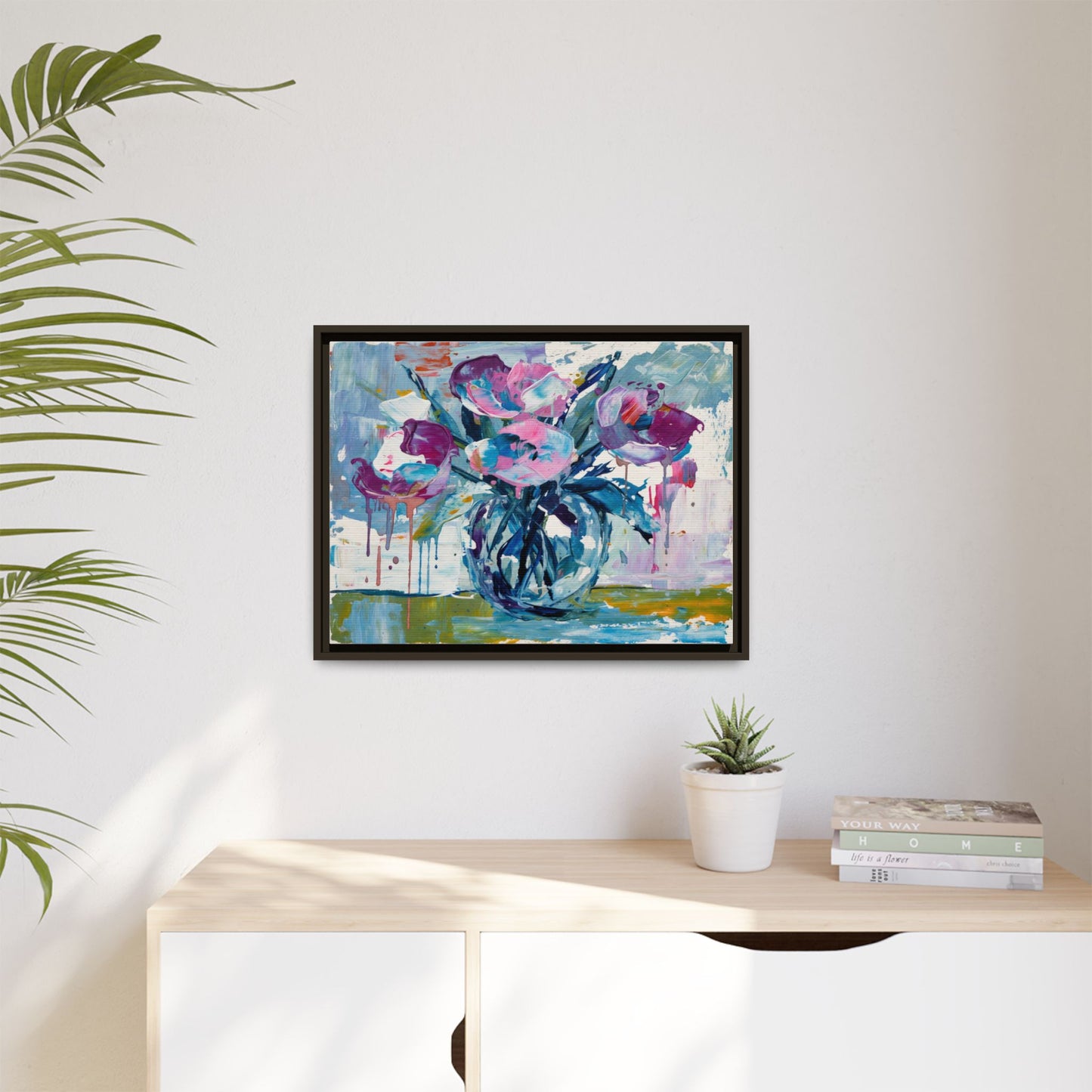 Framed Floral Canvas Art — Abstract Pink & Blue Bouquet