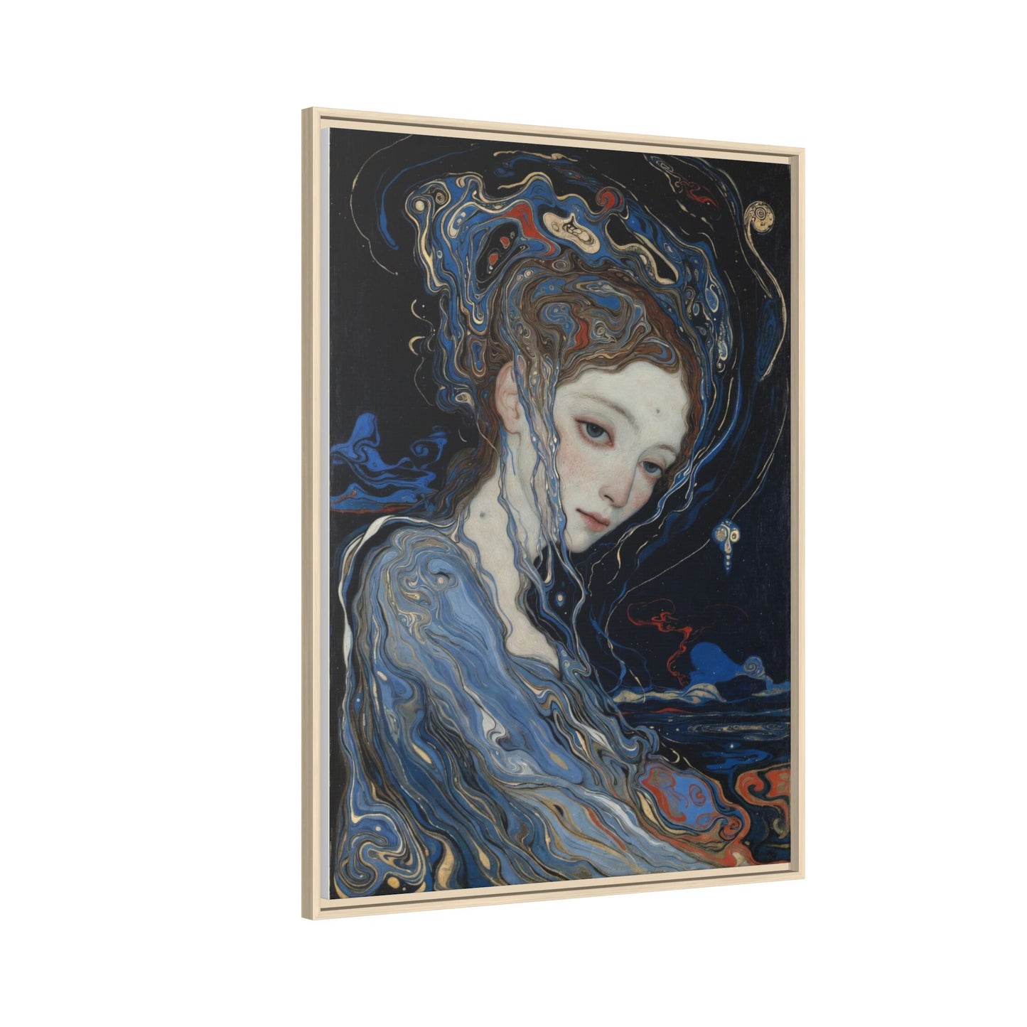 Framed Matte Canvas Art Print — Surreal Blue Maiden Portrait