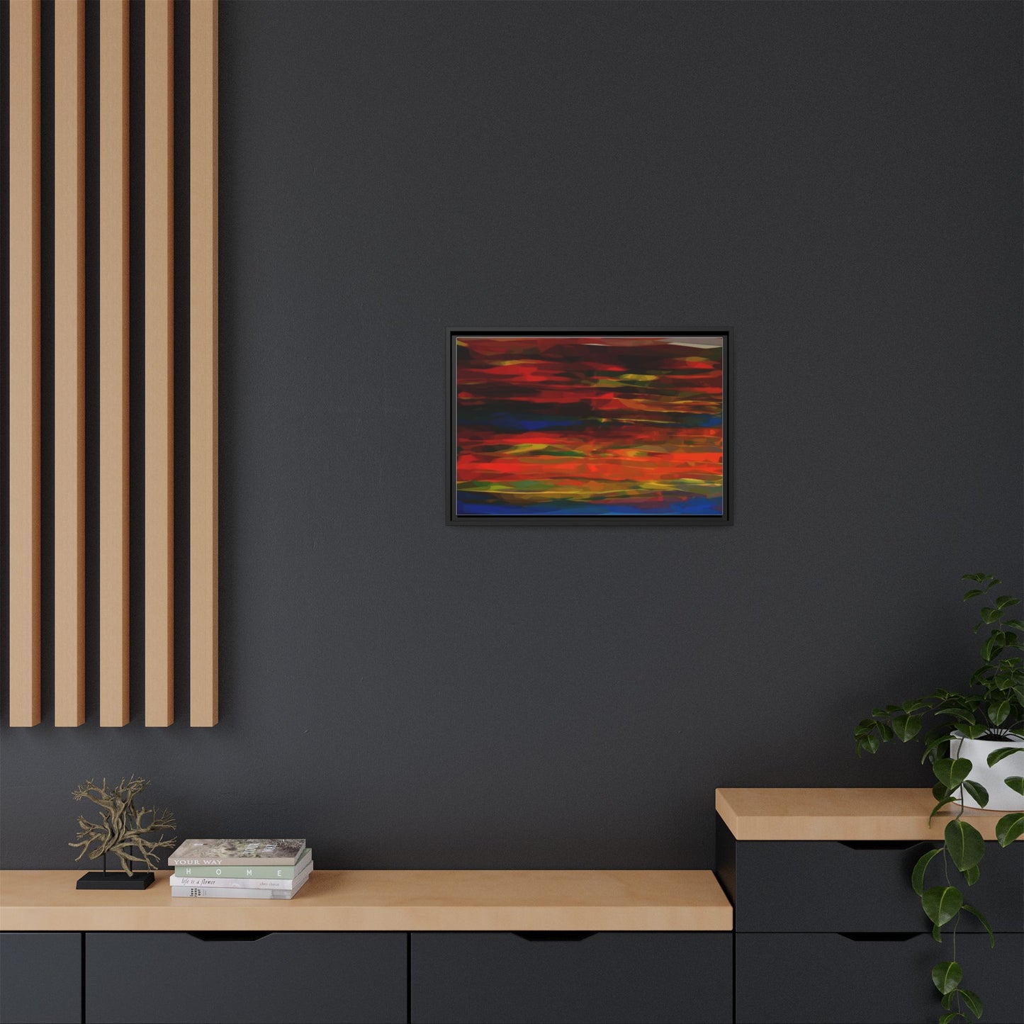 Abstract Multi-Color Matte Canvas Framed Wall Art — Bold Red & Blue Modern Painting