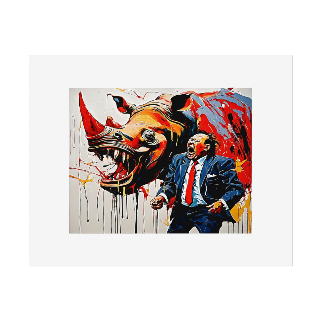 Rhinoceros wearing a business suit screaming aloud while seeing the stock price crash by Kazuo Shiraga Wall Art Print