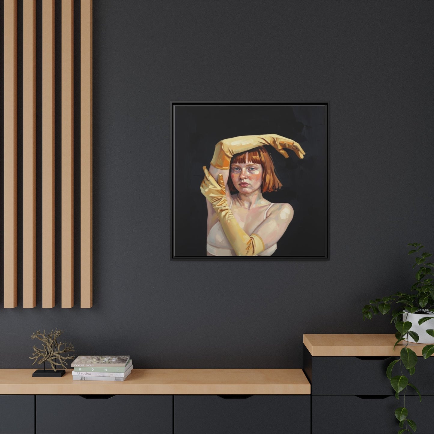 Framed Matte Canvas Art – Portrait of Woman in Yellow Gloves