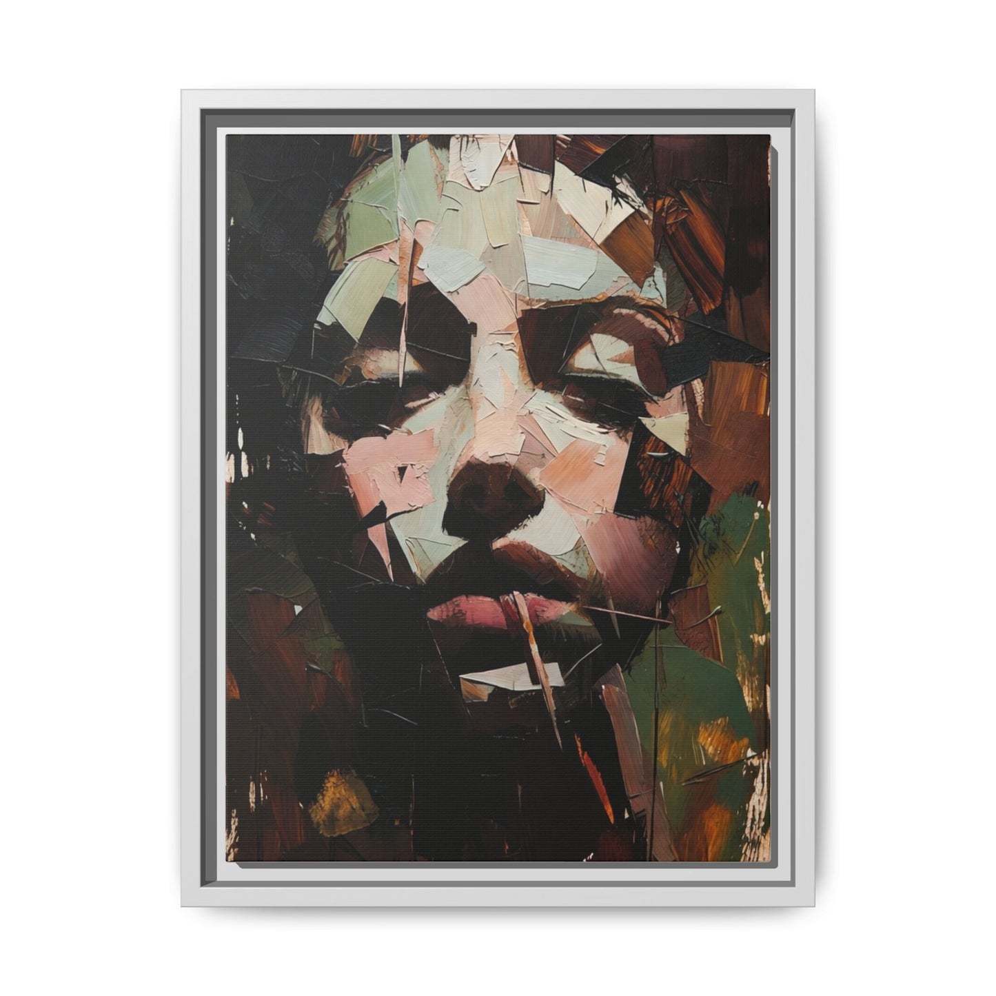 Matte Framed Canvas Art — Abstract Female Portrait, Moody Multicolor