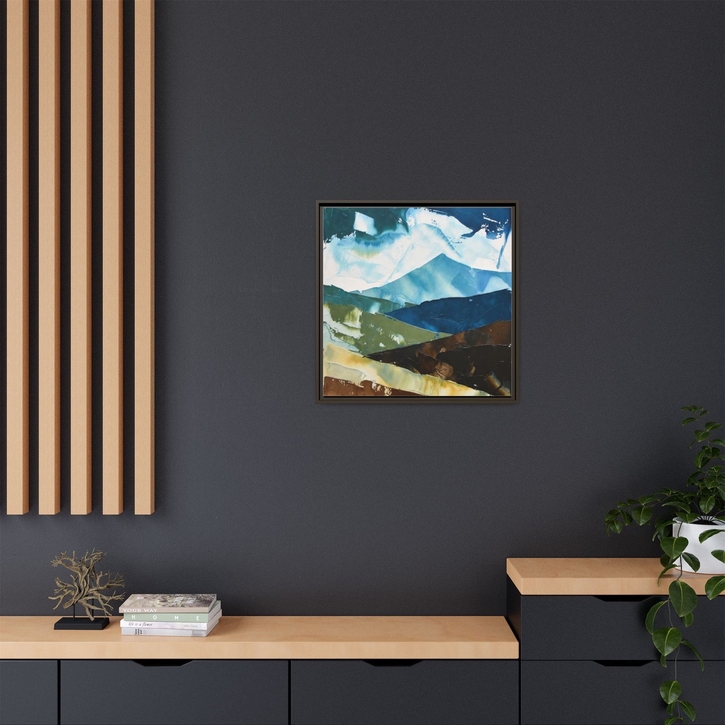 Framed Abstract Mountain Canvas Art — Blue & Earthtone Landscape Print