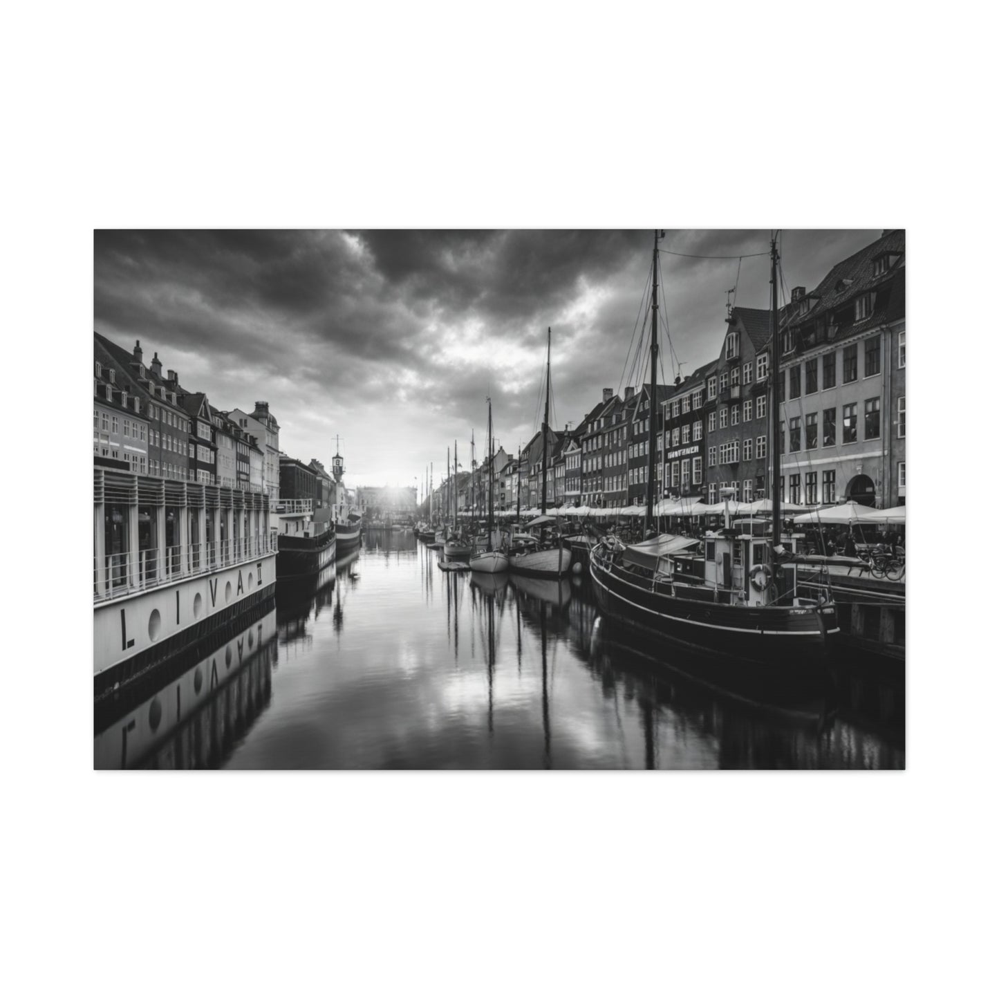 Black & White Harbor Canvas Print — Dramatic Copenhagen Cityscape Wall Art