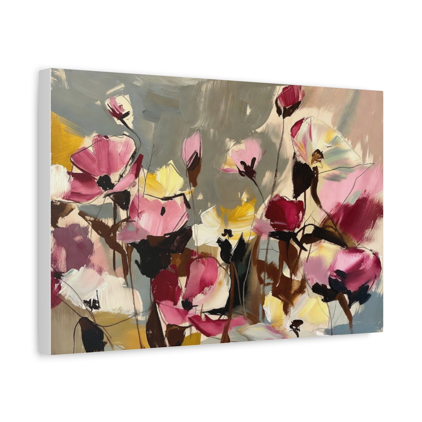 Floral Abstract Canvas Wall Art — Pink & Yellow Bloom Stretched Matte Print