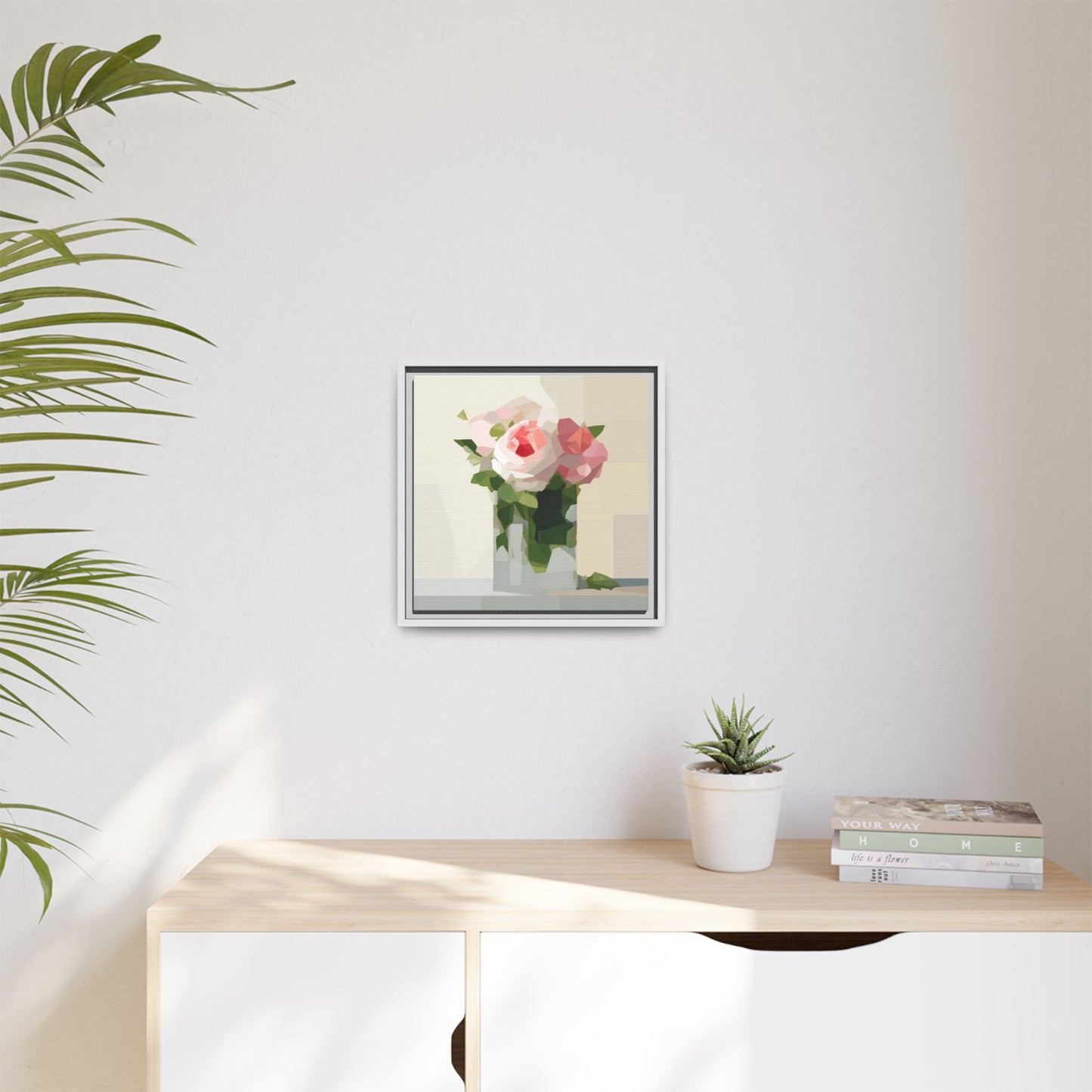 Framed Floral Canvas Print — Geometric Pink Rose Wall Art
