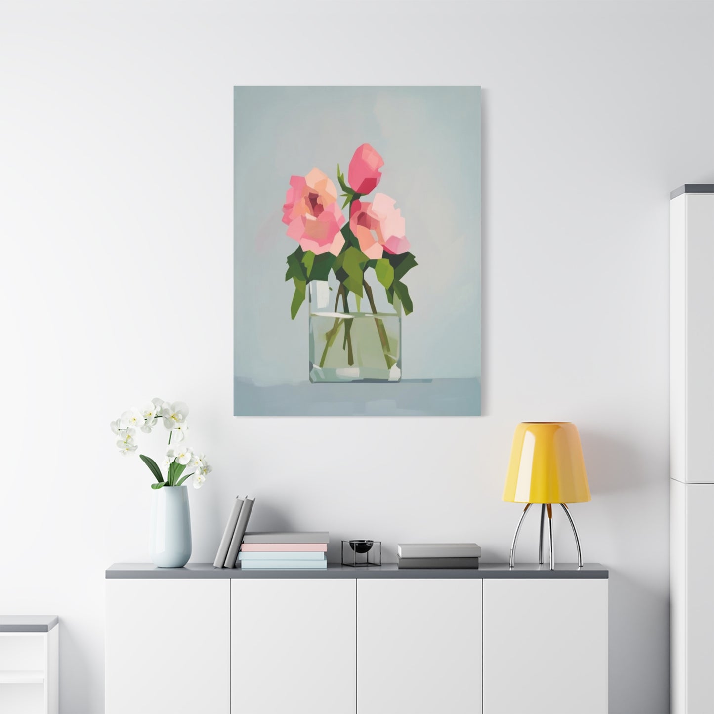Pink Roses in Square Vase - Matte Stretched Canvas Wall Art