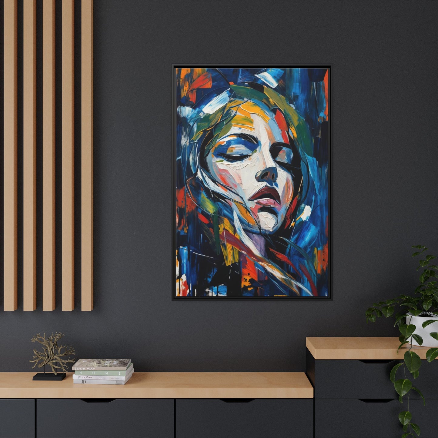 Abstract Colorful Woman Portrait — Framed Matte Canvas Wall Art