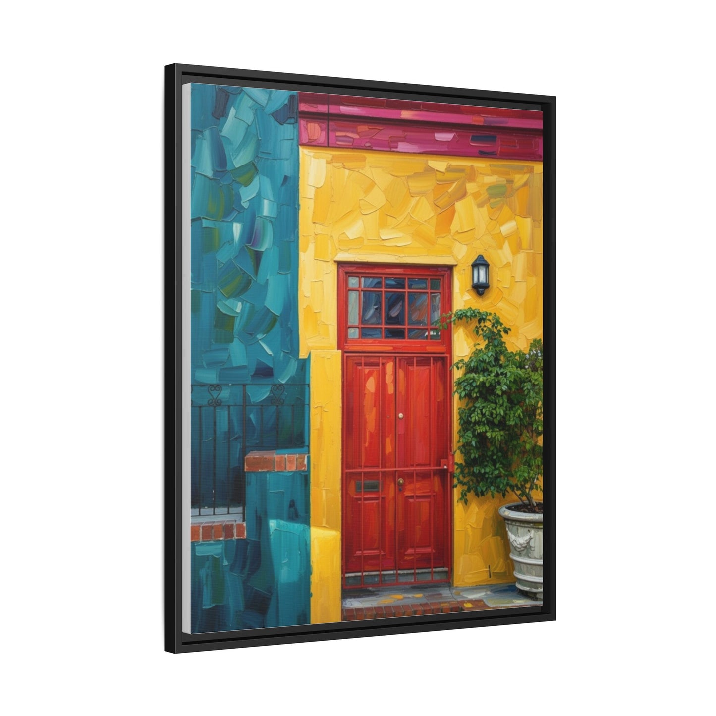 Framed Matte Canvas Wall Art — Colorful Red Door on Yellow Facade