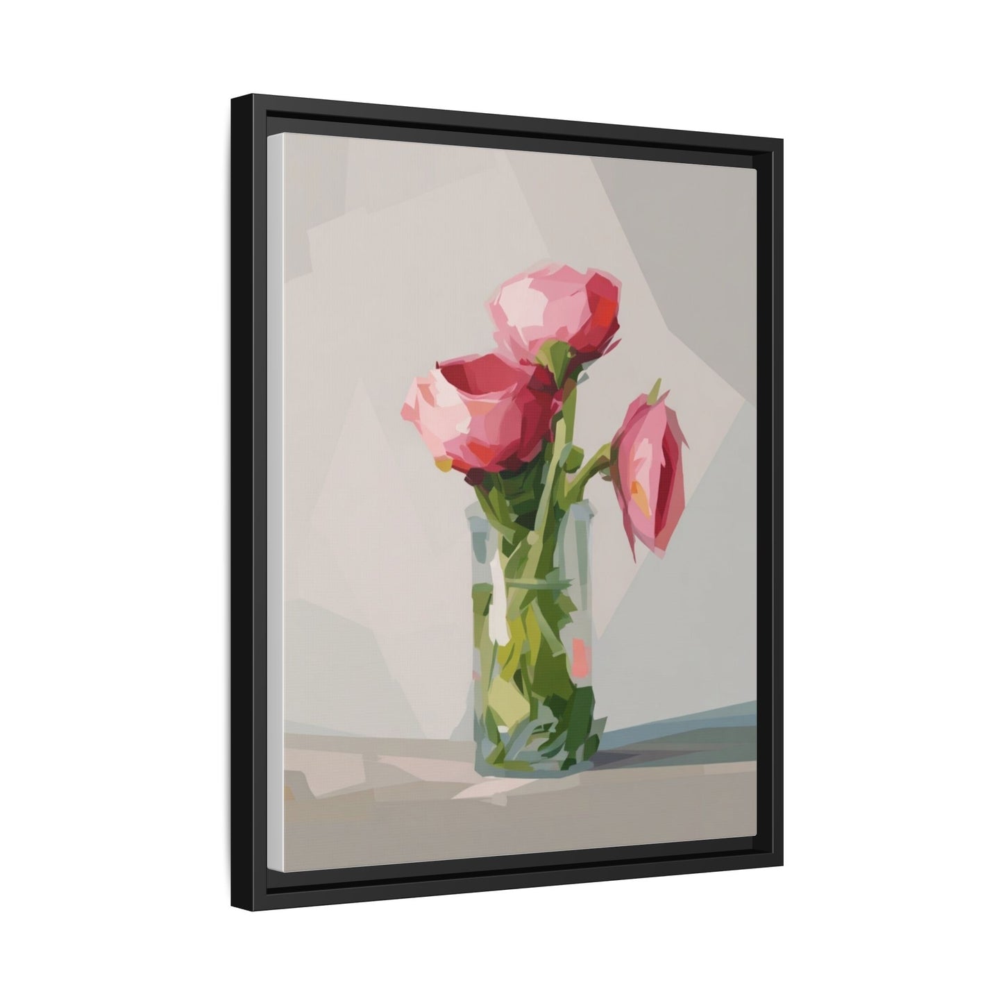 Framed Canvas Art — Pink Roses in Vase, Modern Floral Wall Print
