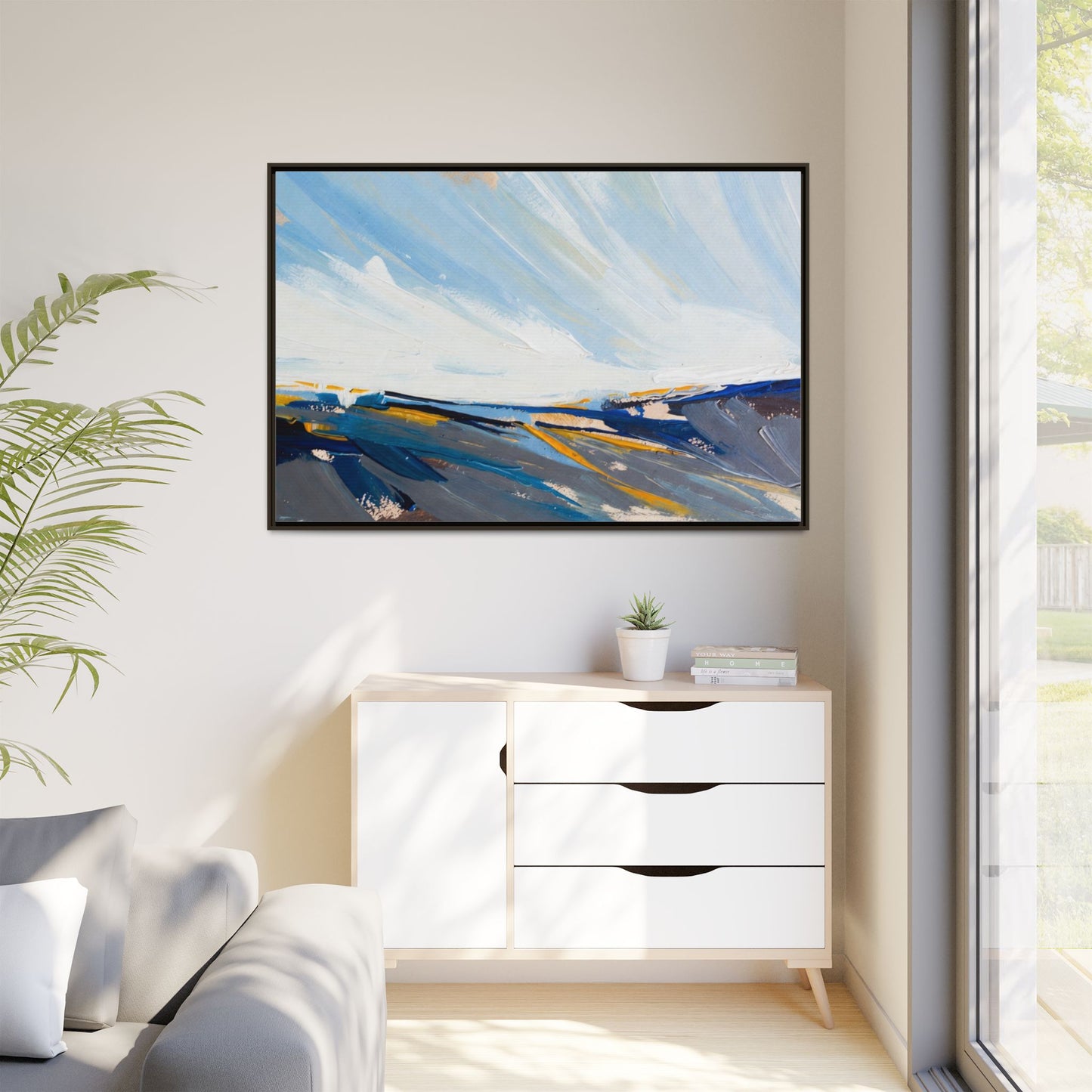 Framed Abstract Seascape Canvas Print — Matte Multi‑Color Wall Art
