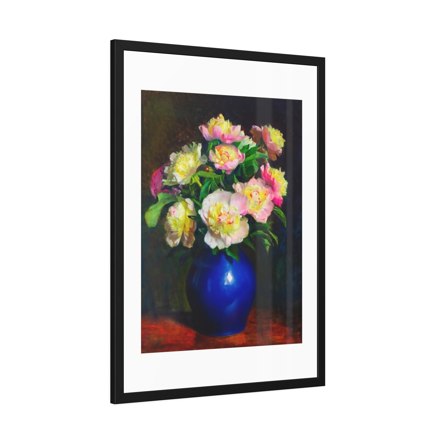 Framed Floral Poster — Pink Peonies in Blue Vase Wall Art