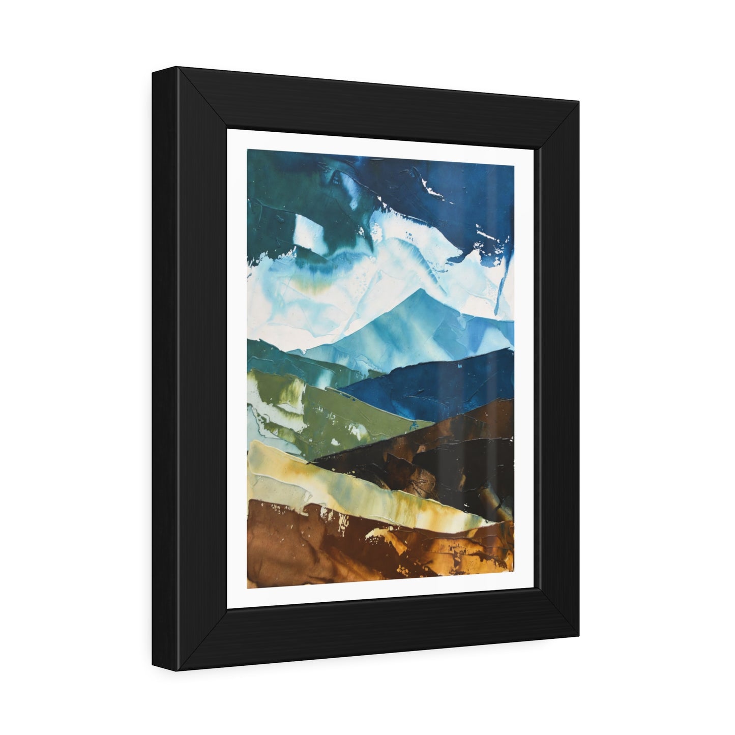 Framed Abstract Mountain Art Print – Blue & Earthtone Layered Landscape Poster