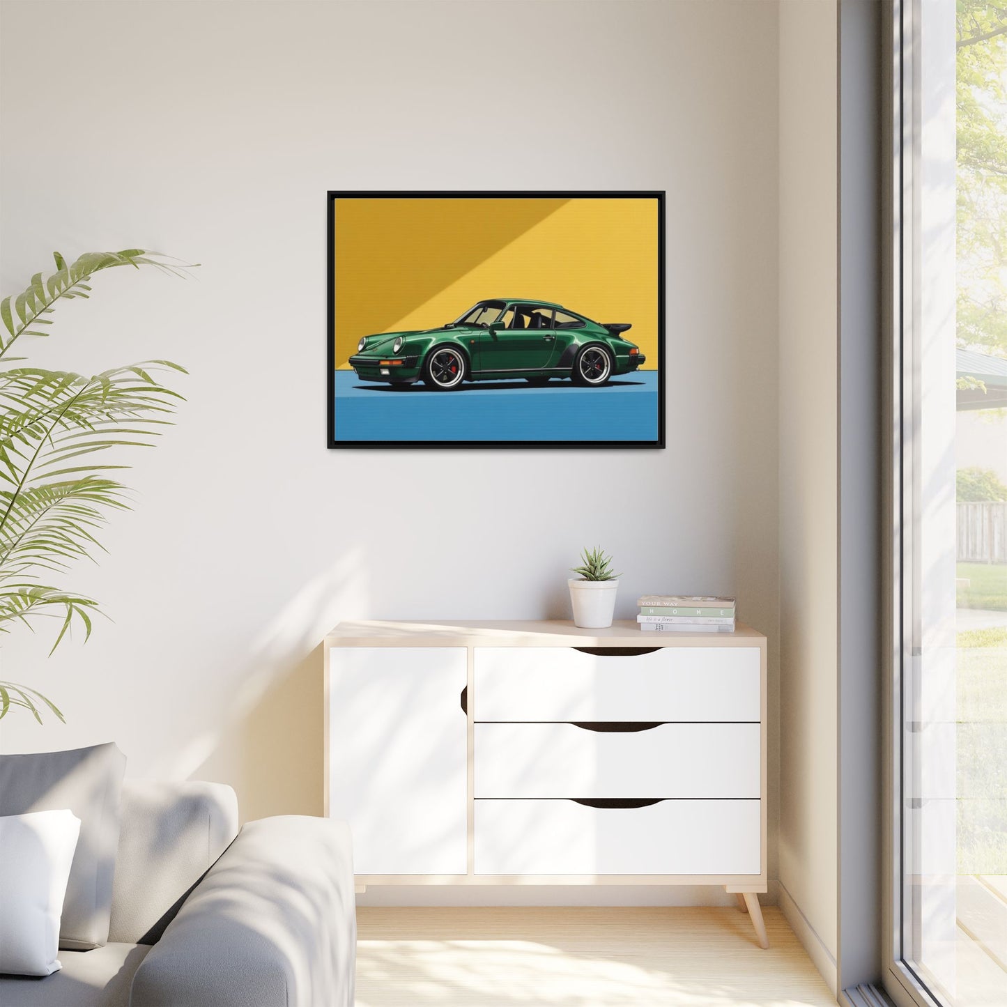 Framed Matte Canvas — Green Sports Car Wall Art