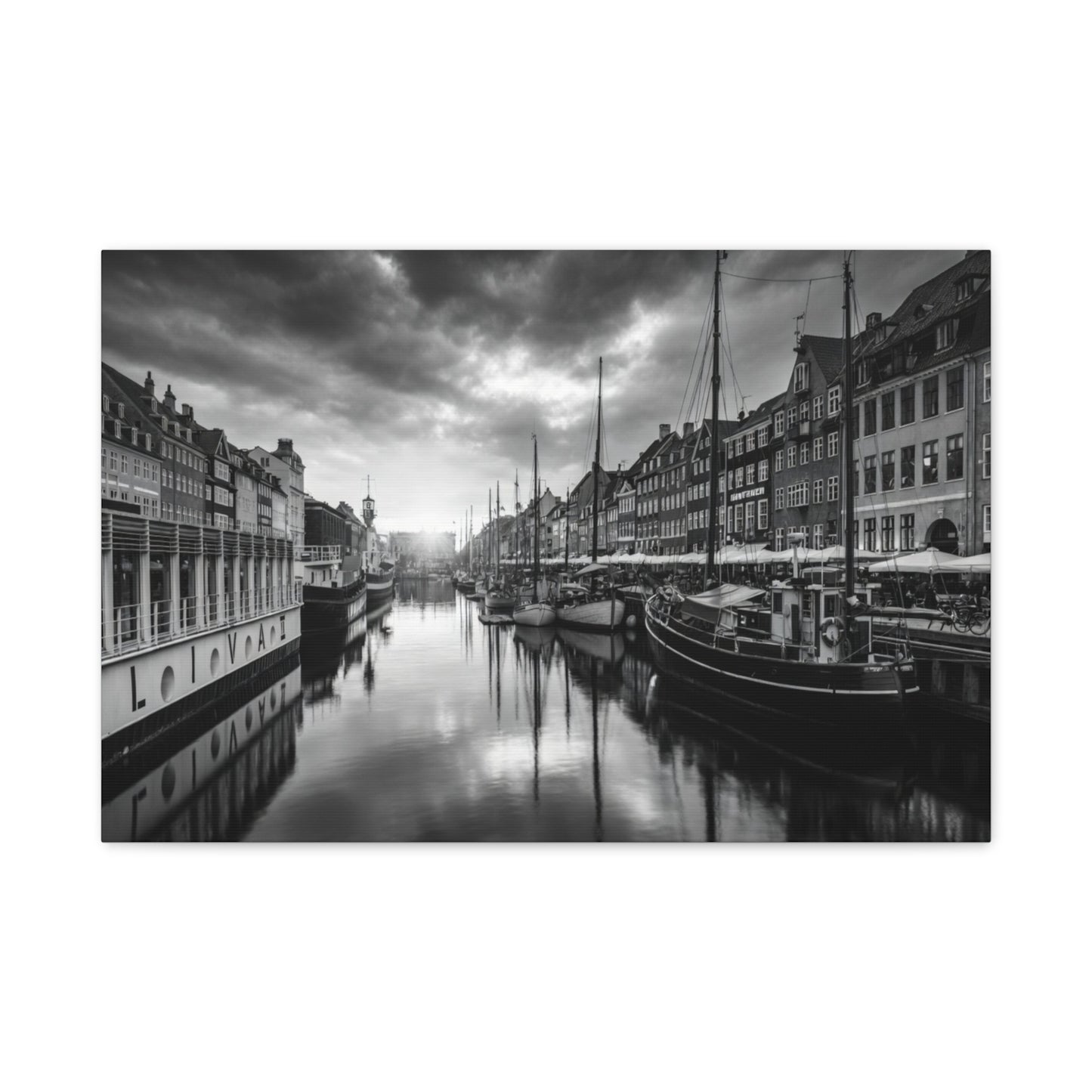 Black & White Harbor Canvas Print — Dramatic Copenhagen Cityscape Wall Art