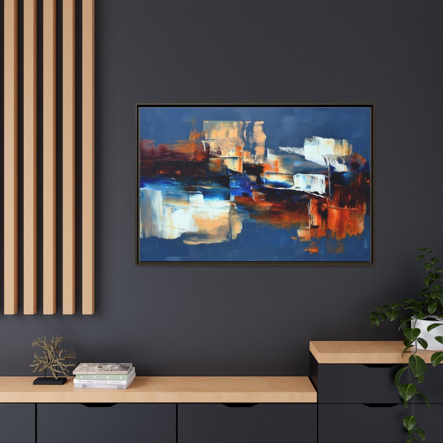 Abstract Blue & Rust Framed Canvas Art — Modern Matte Wall Painting
