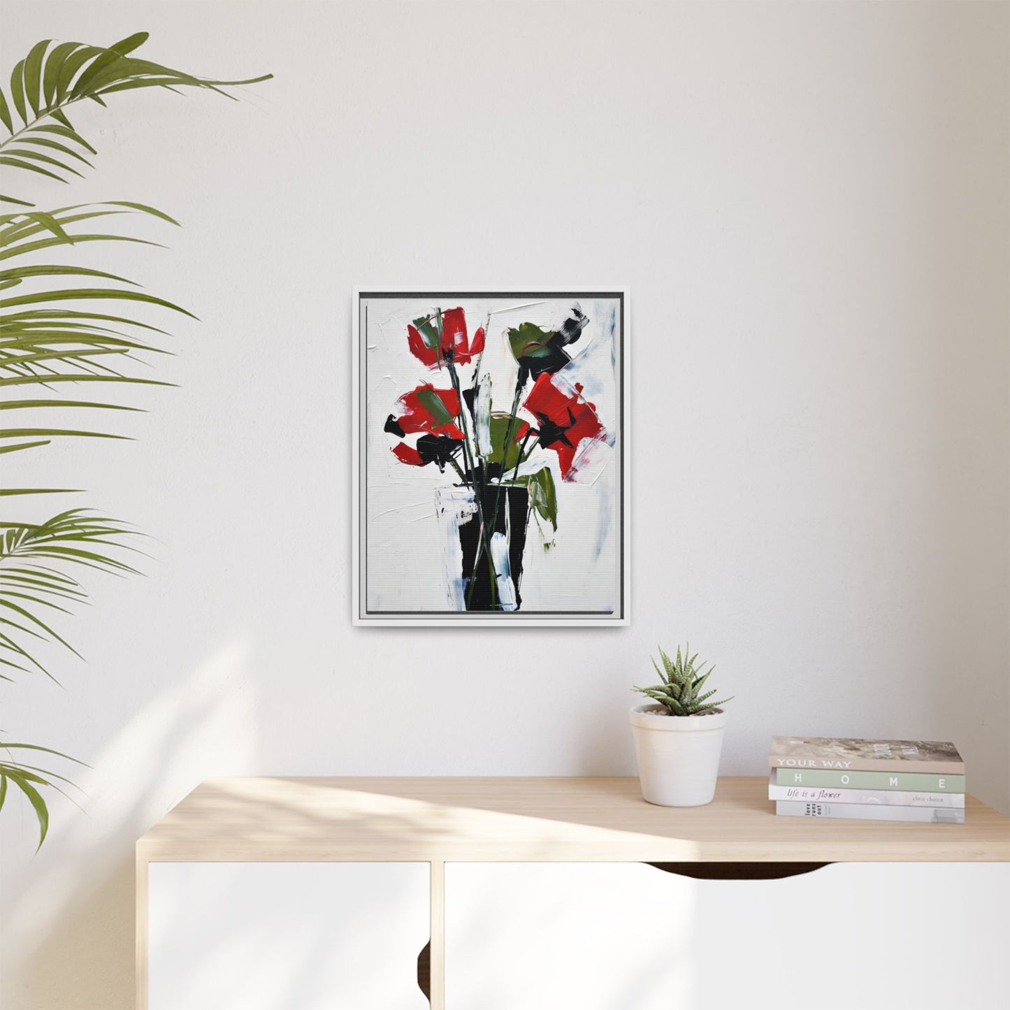 Framed Abstract Floral Canvas Print — Red Poppies in Black Vase