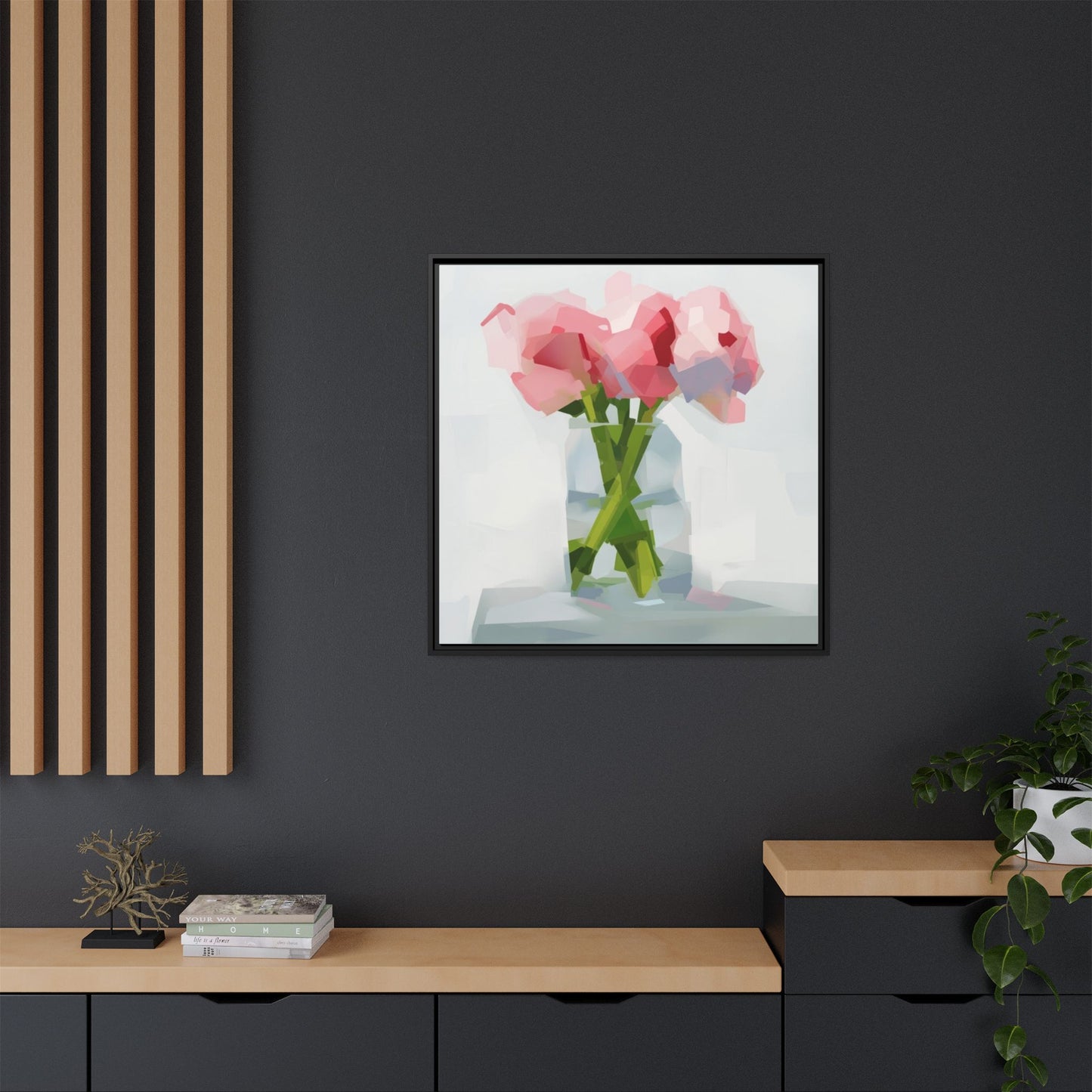 Framed Floral Canvas Art — Pink Peonies in Vase (Matte)