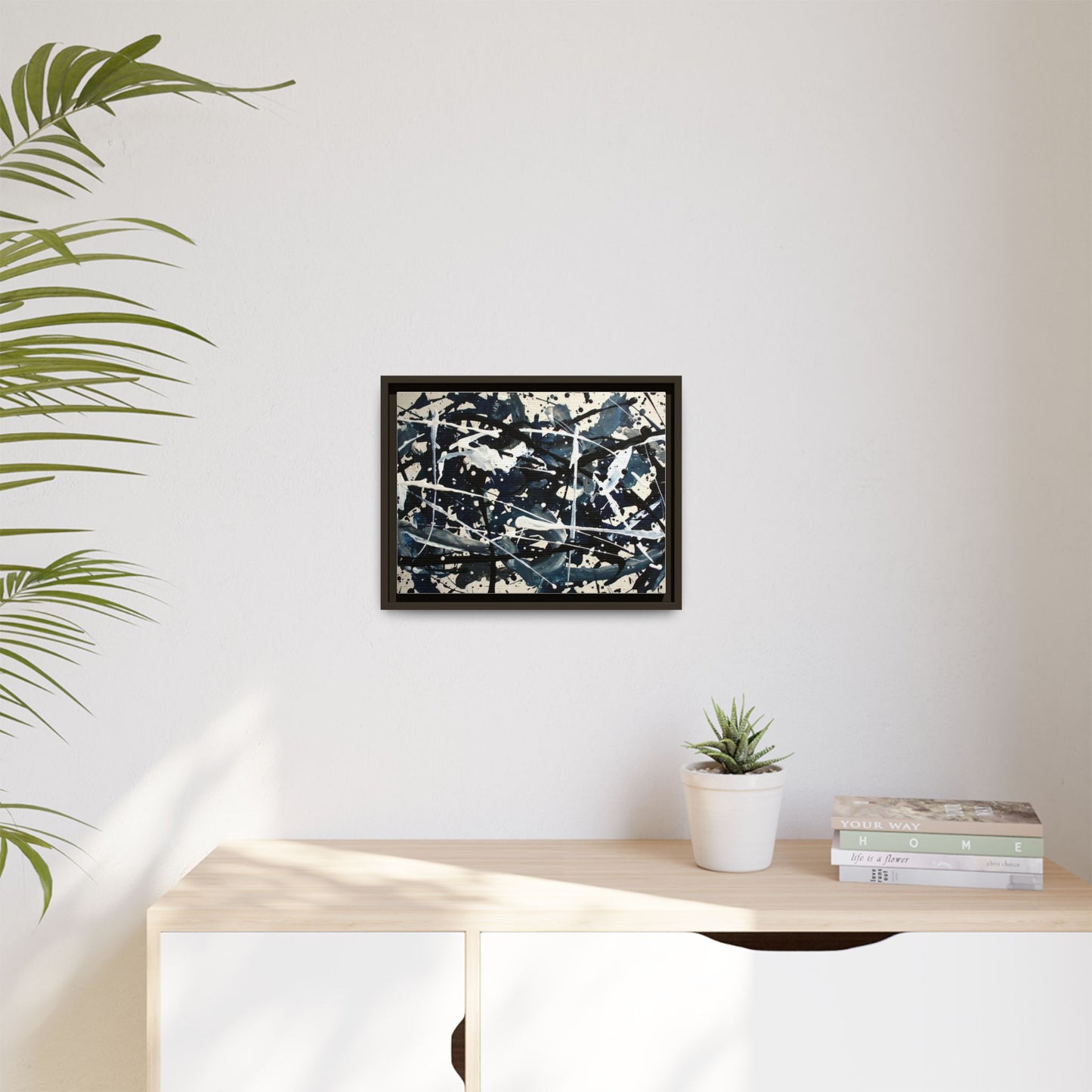 Abstract Splatter Matte Canvas Framed Wall Art — Black & Blue Modern Art Print