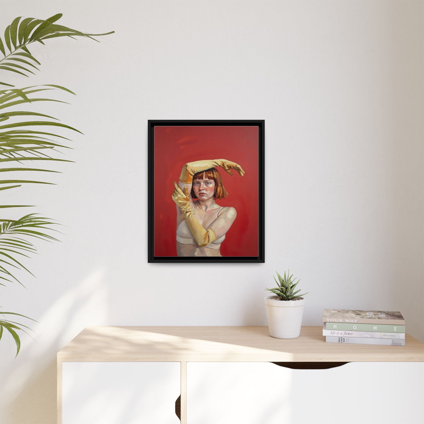 Framed Matte Canvas Art - Portrait of Woman in Yellow Gloves (Red Background)