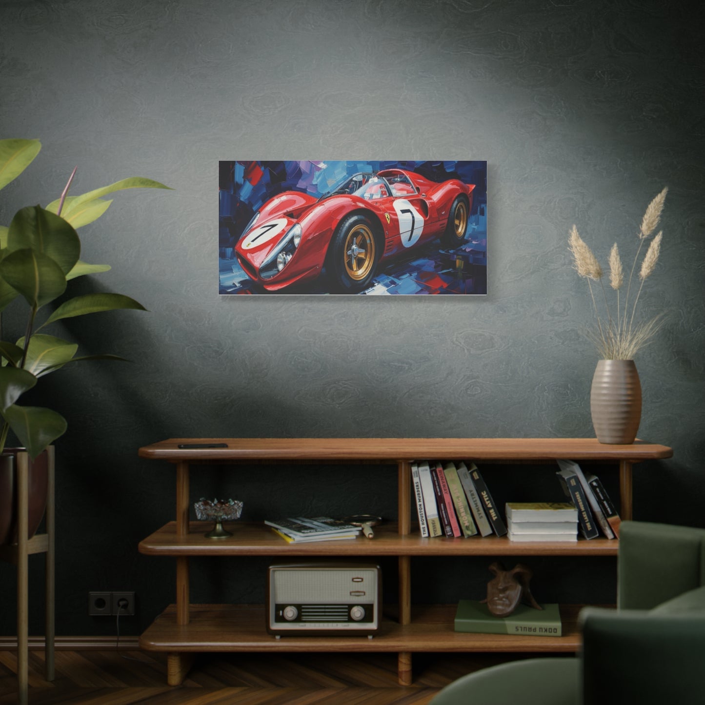 Vintage Ferrari Racing Car Canvas Print — Red Classic Sports Car Artwork (Matte Stretched)