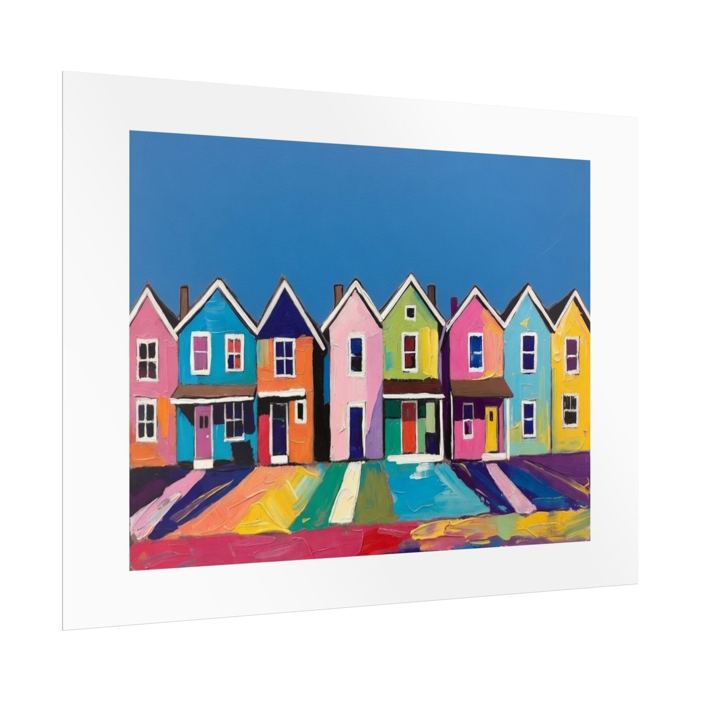 Colorful Row Houses Art Poster — Vibrant Coastal Street Wall Print
